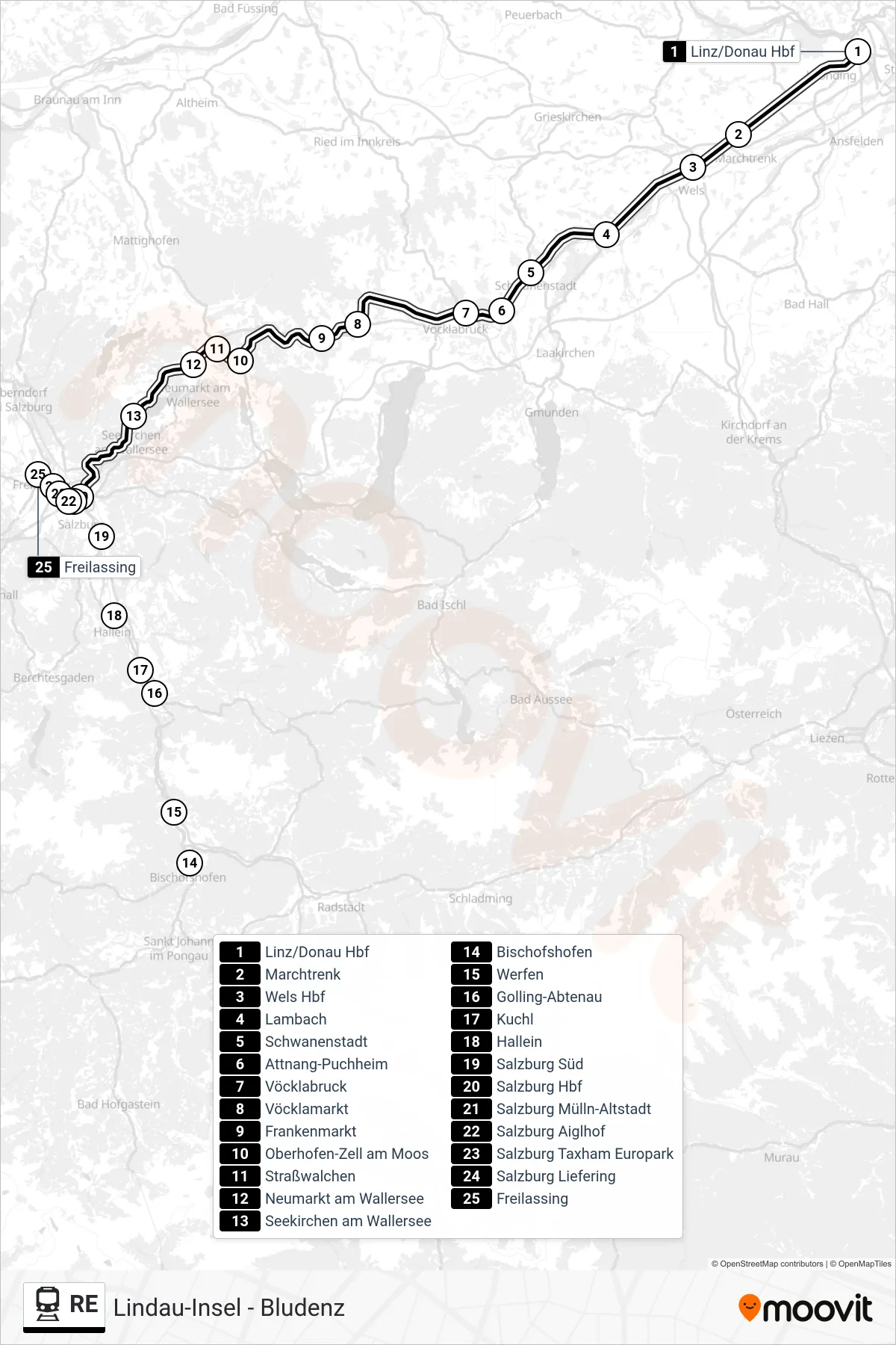 Linie RE (Bahn) Richtung Freilassing: Route und Haltestellen auf der Karte