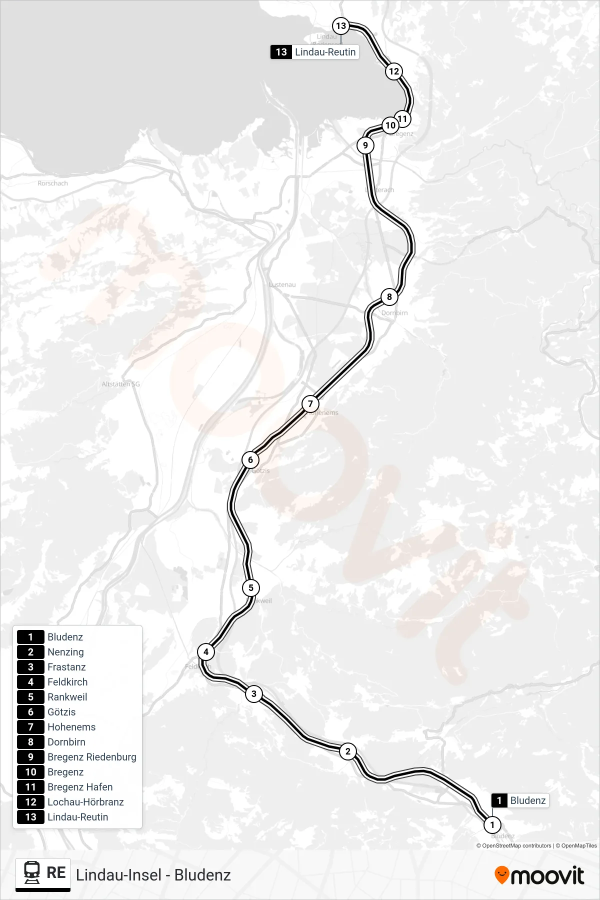 RE train Line (Lindau-Reutin) route and stops on a map