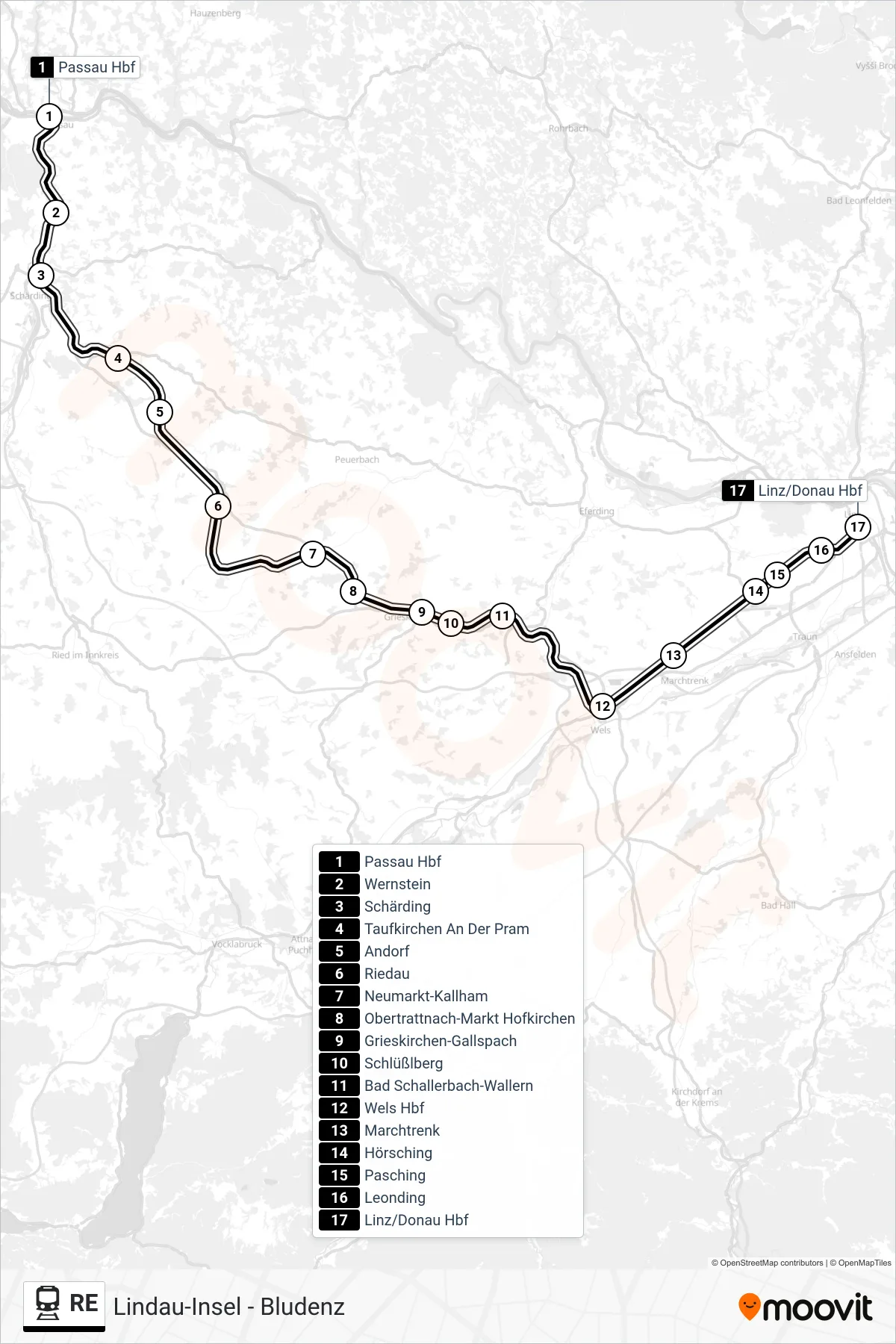 RE train Line (Linz/Donau Hbf) route and stops on a map