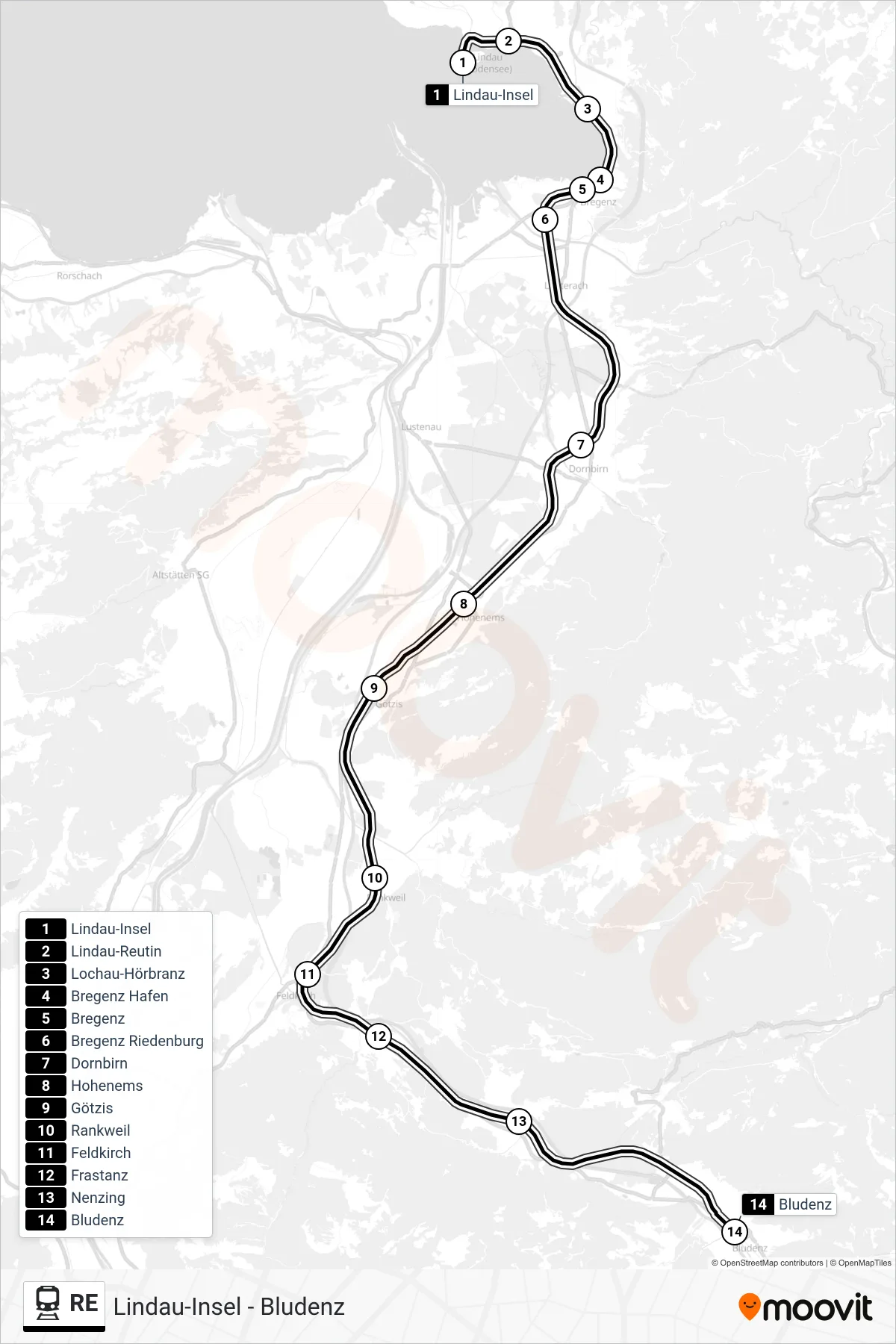 RE train Line (Bludenz) route and stops on a map