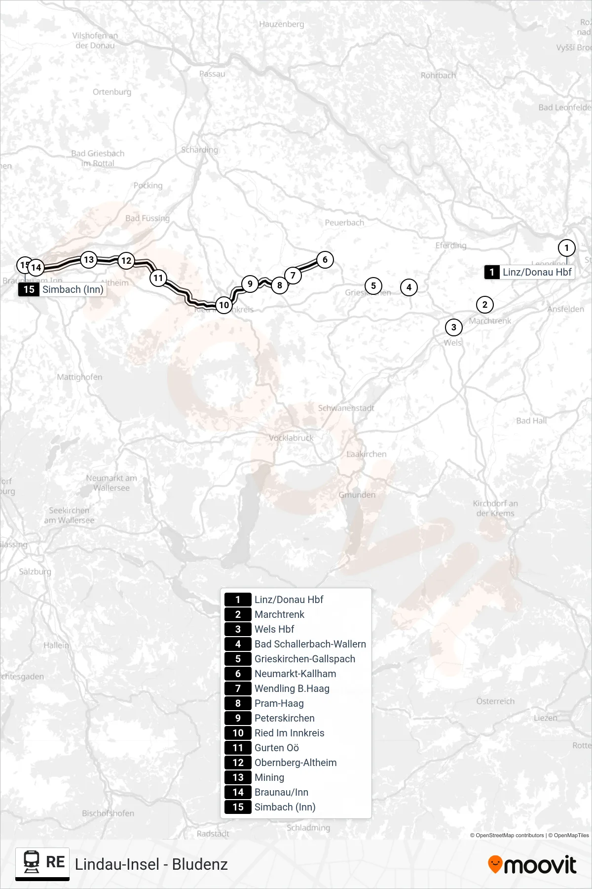 RE rail Line (Simbach(Inn)) route and stops on a map