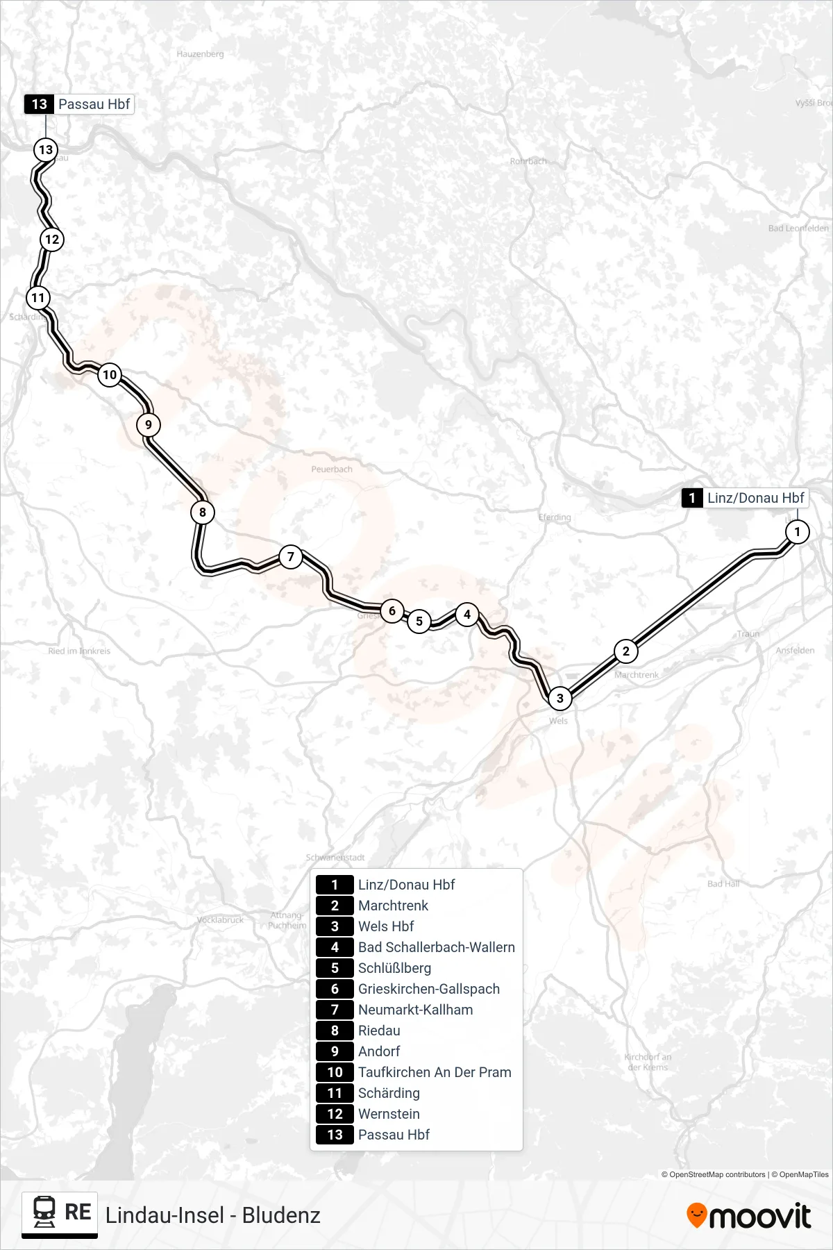 RE train Line (Passau Hbf) route and stops on a map