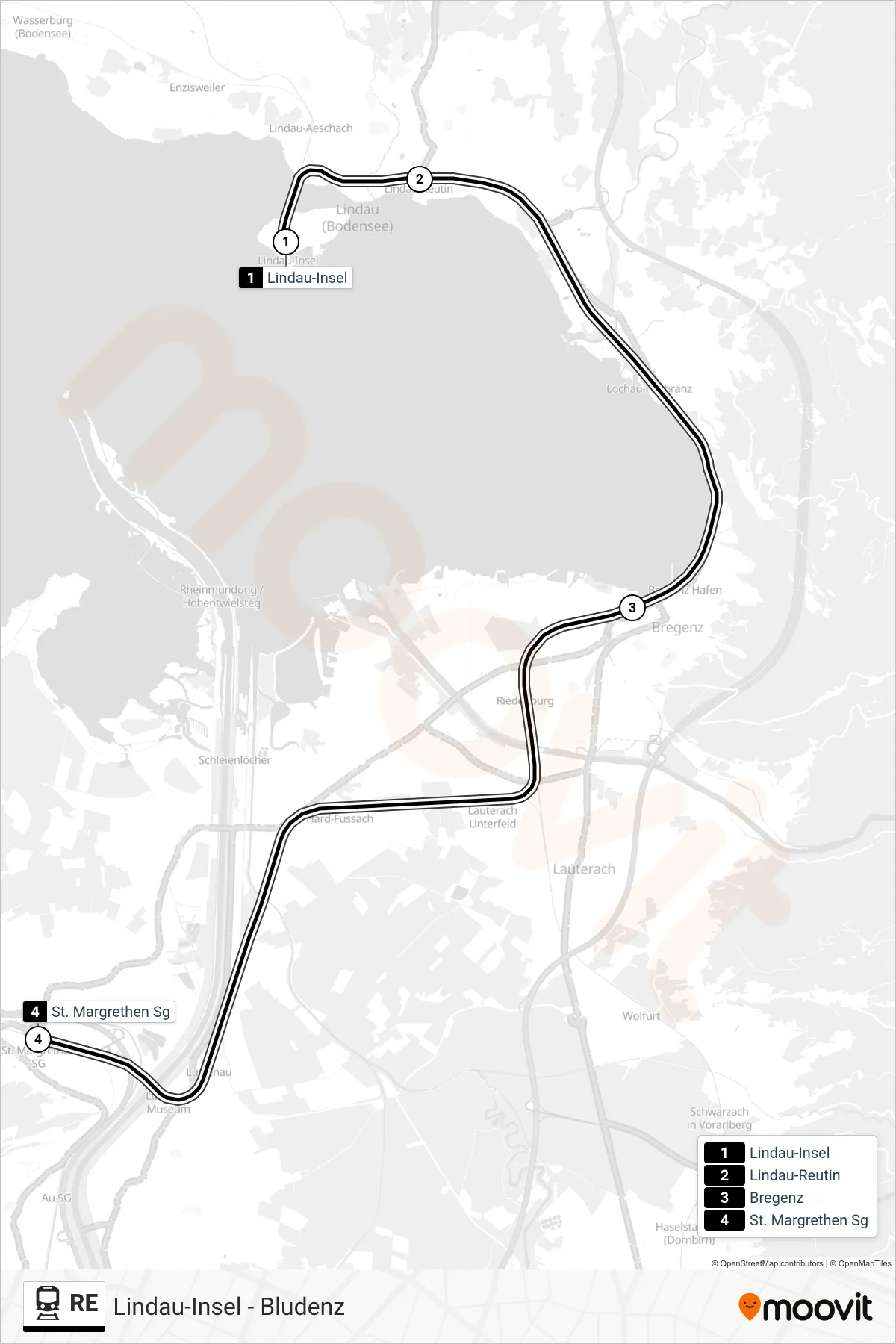 RE train Line (St. Margrethen Sg) route and stops on a map
