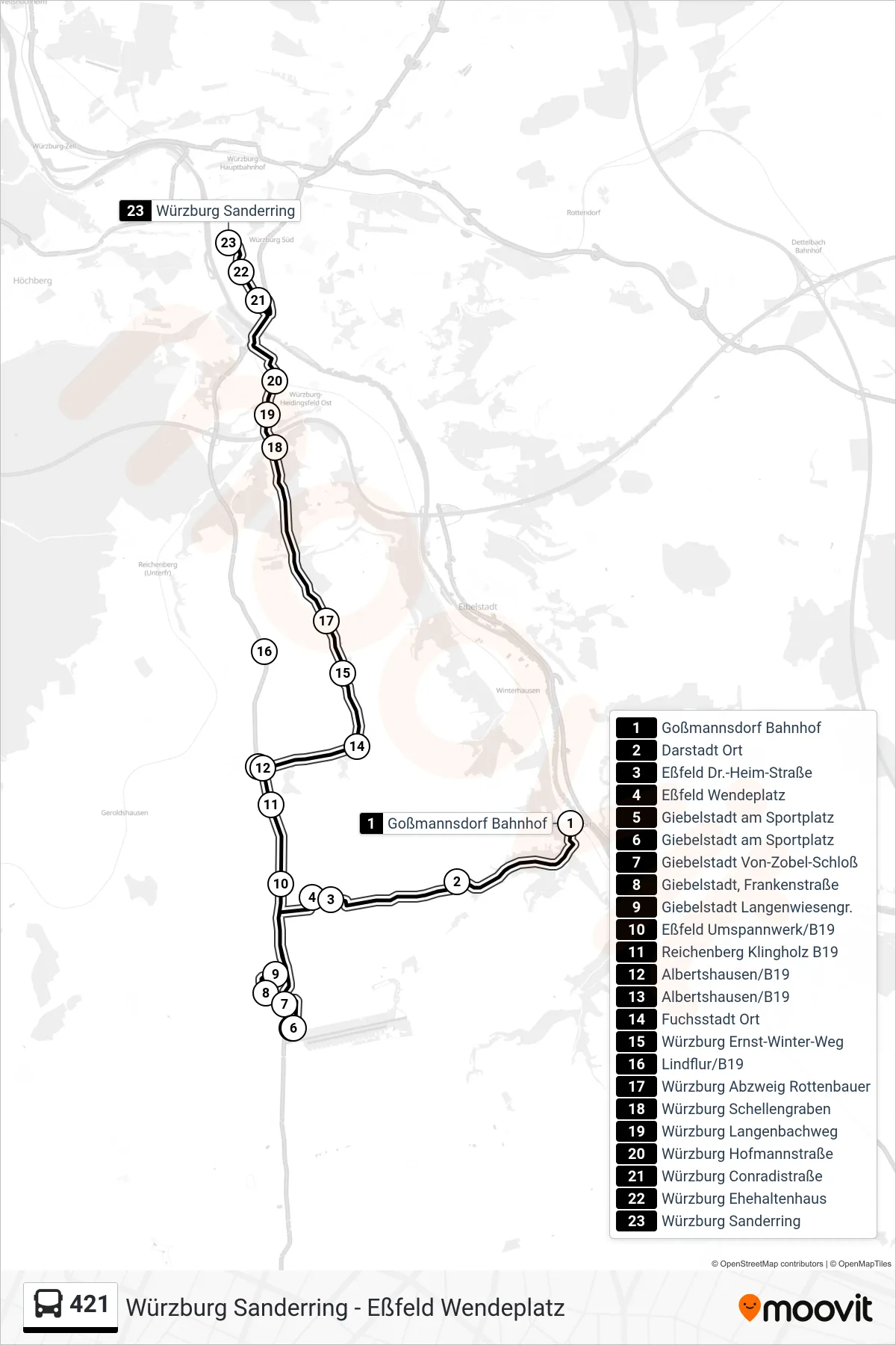 Linie 421 (Bus) Richtung Würzburg Sanderring: Route und Haltestellen auf der Karte