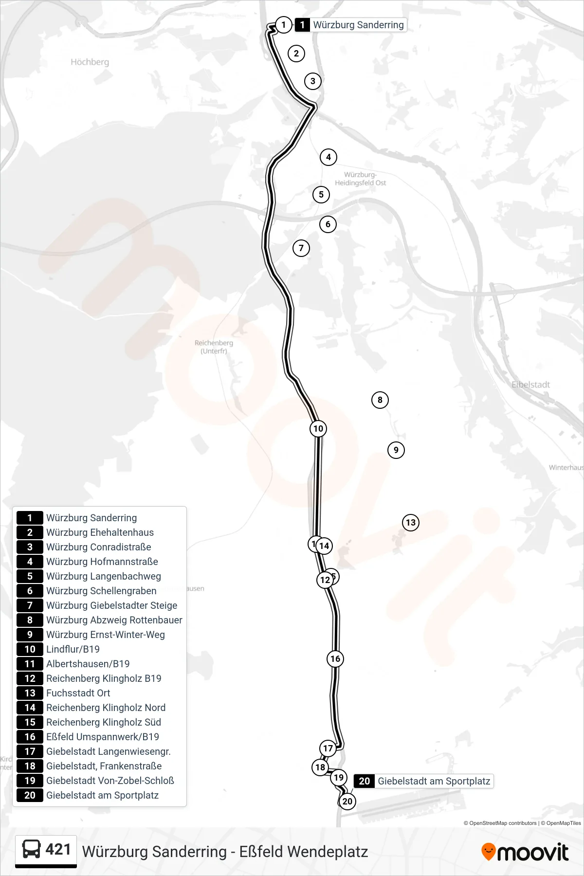 421 bus Line (Giebelstadt am Sportplatz) route and stops on a map