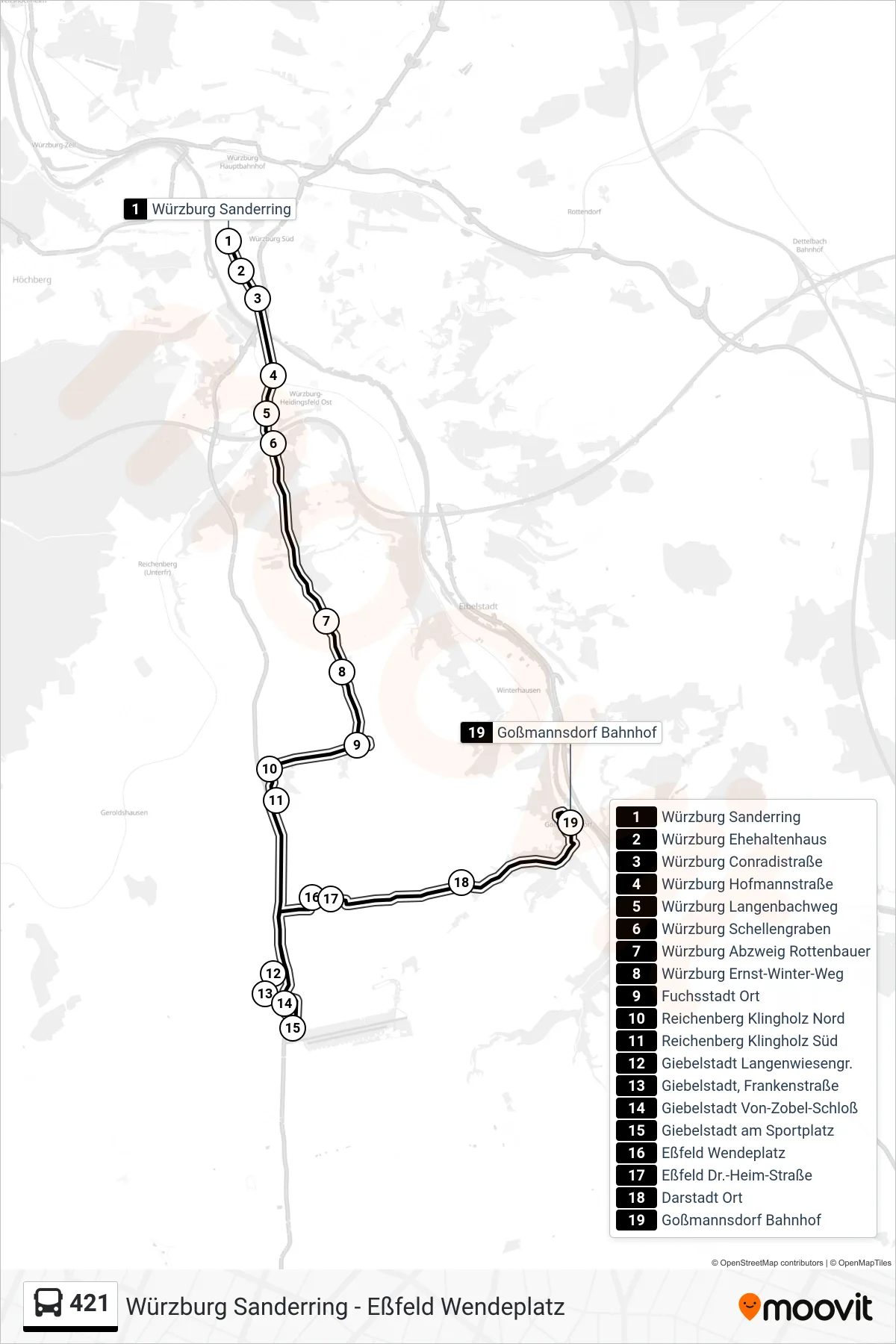 421 bus Line (Goßmannsdorf Bahnhof) route and stops on a map