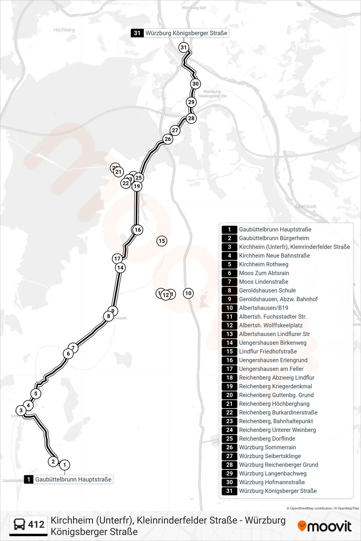412 bus Line (Würzburg Königsberger Straße) route and stops on a map
