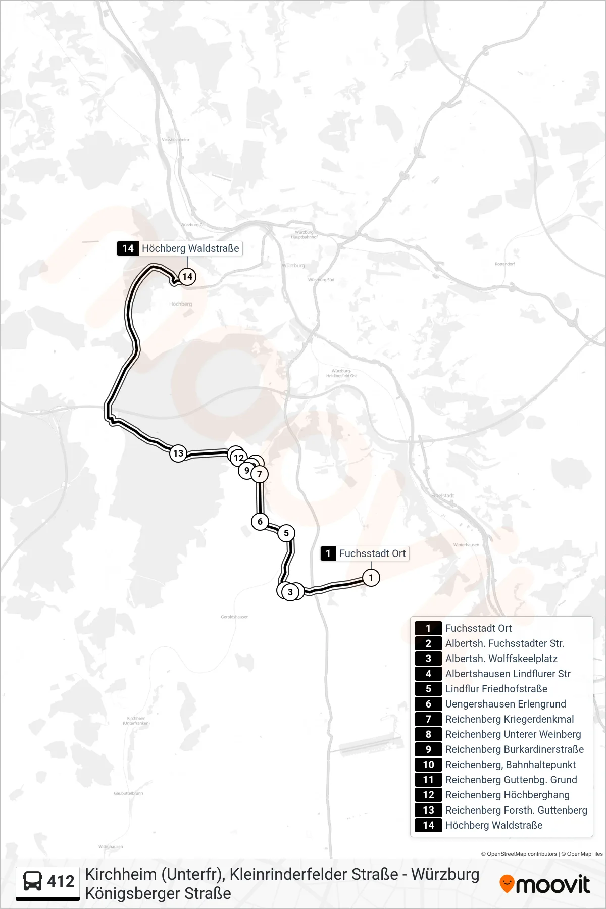 Linie 412 (Bus) Richtung Höchberg Waldstraße: Route und Haltestellen auf der Karte