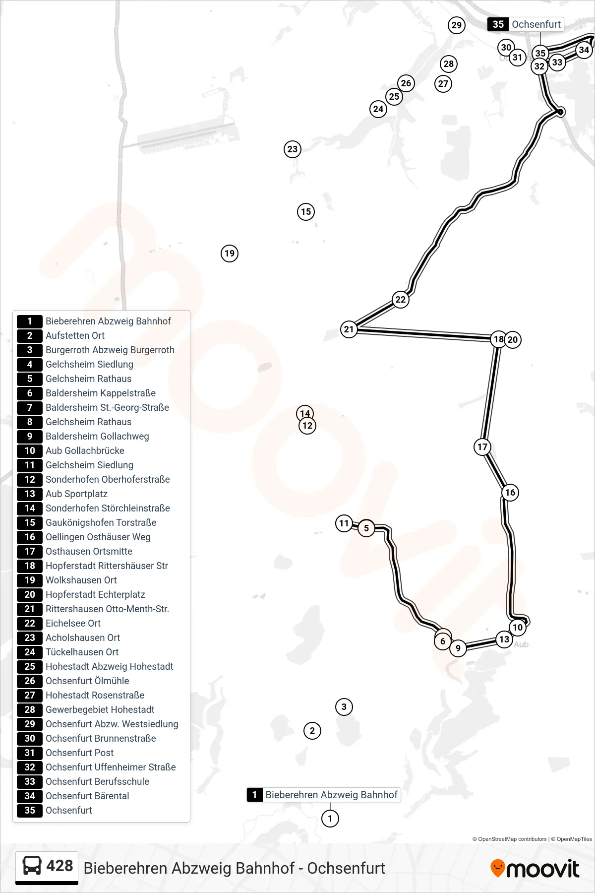 428 bus Line (Ochsenfurt) route and stops on a map