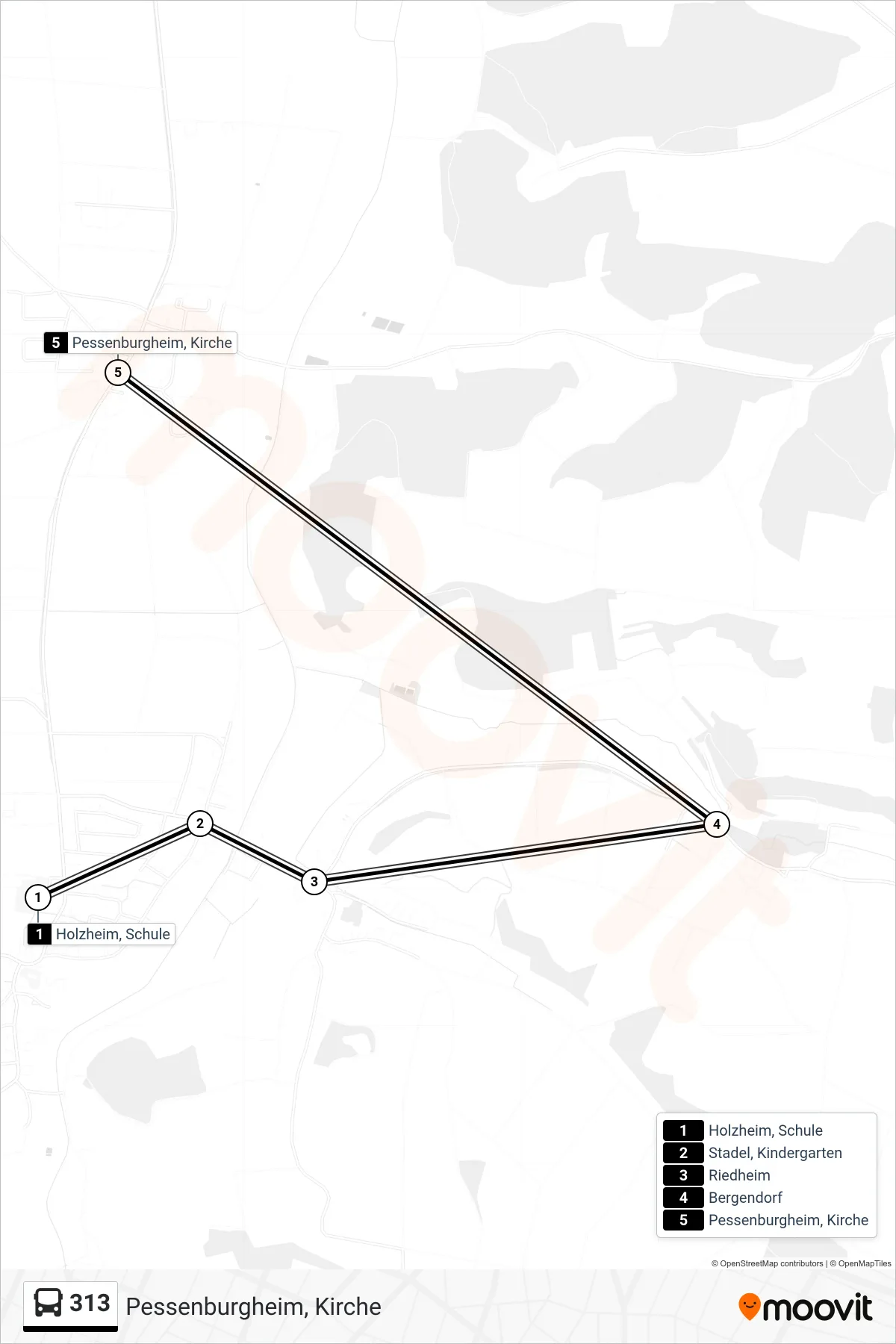 Linie 313 (Bus) Richtung Pessenburgheim, Kirche: Route und Haltestellen auf der Karte