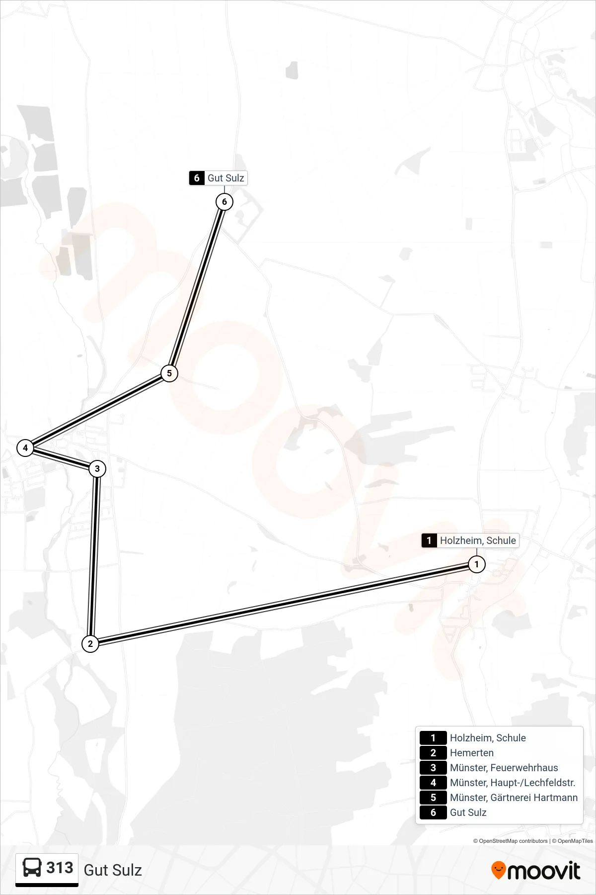 313 bus Line (Gut Sulz) route and stops on a map