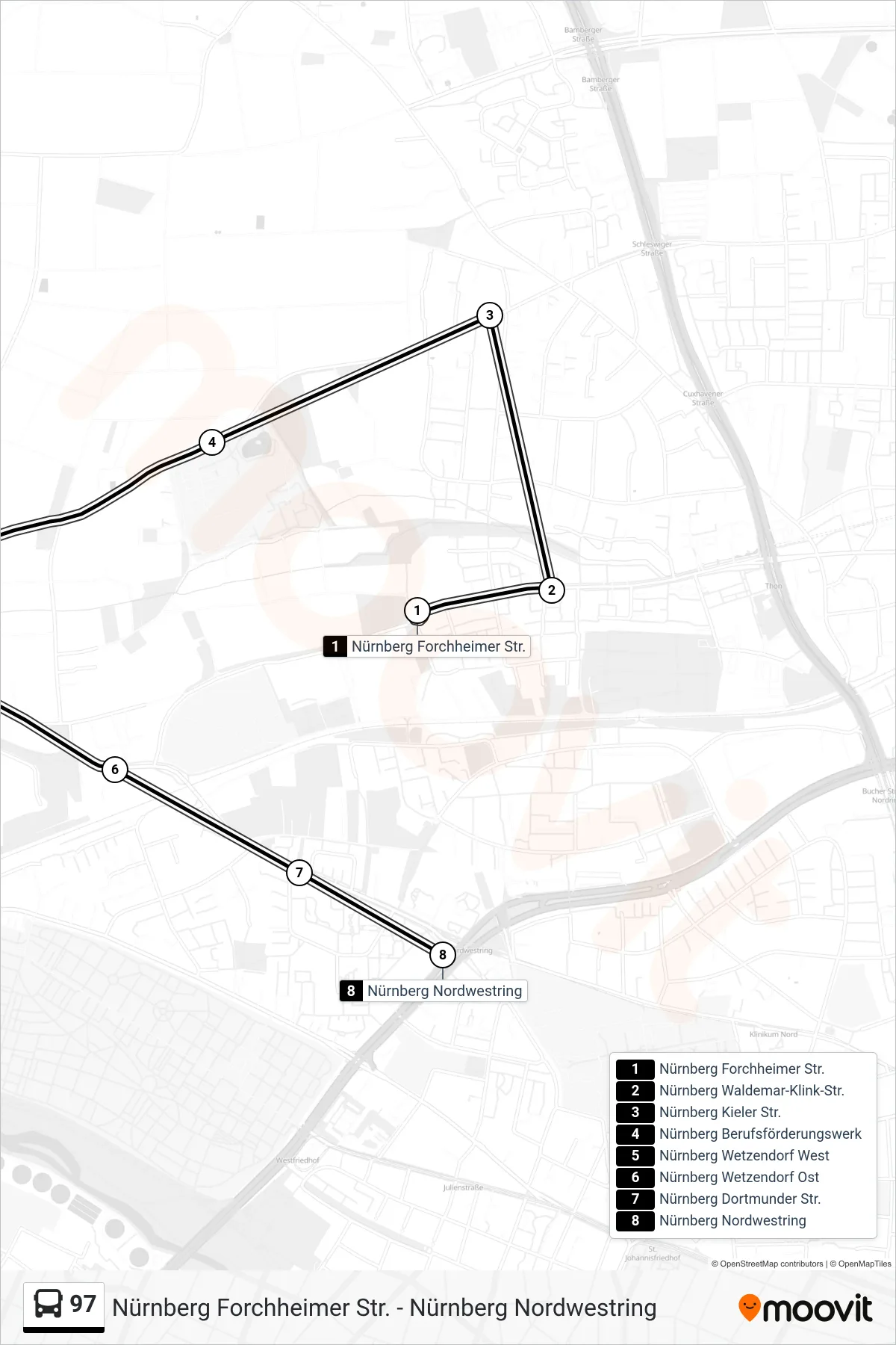 97 bus Line (Nürnberg Nordwestring) route and stops on a map