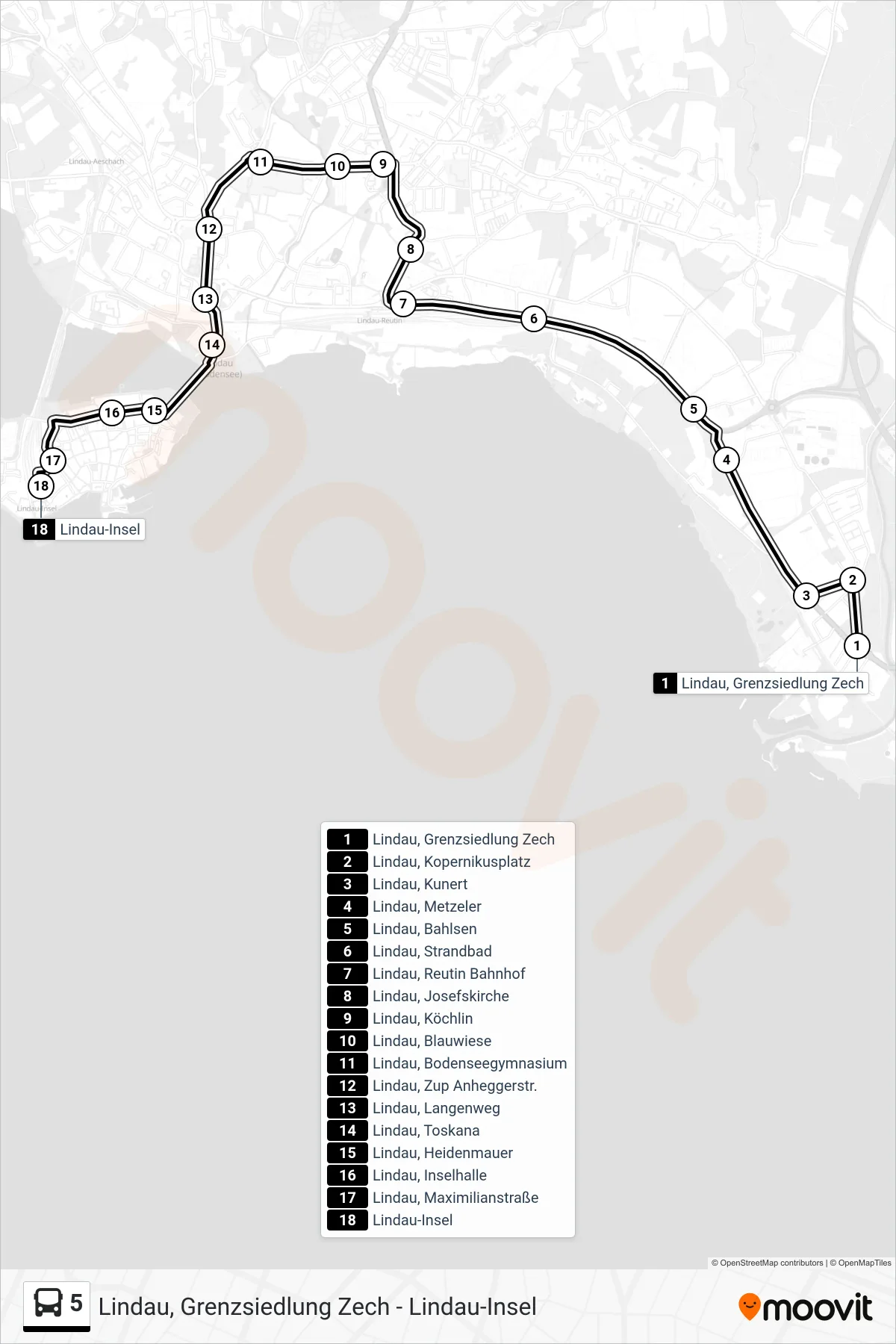 Linie 5 (Bus) Richtung Inselbahnhof: Route und Haltestellen auf der Karte