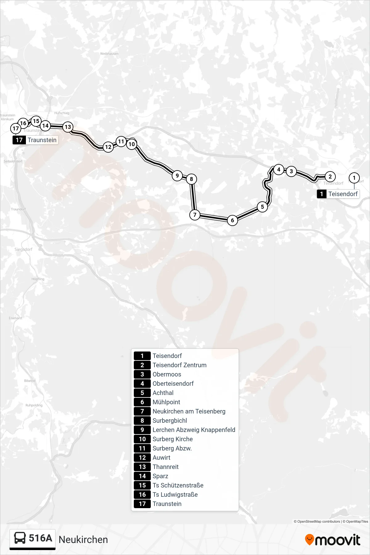 516A bus Line (Neukirchen) route and stops on a map