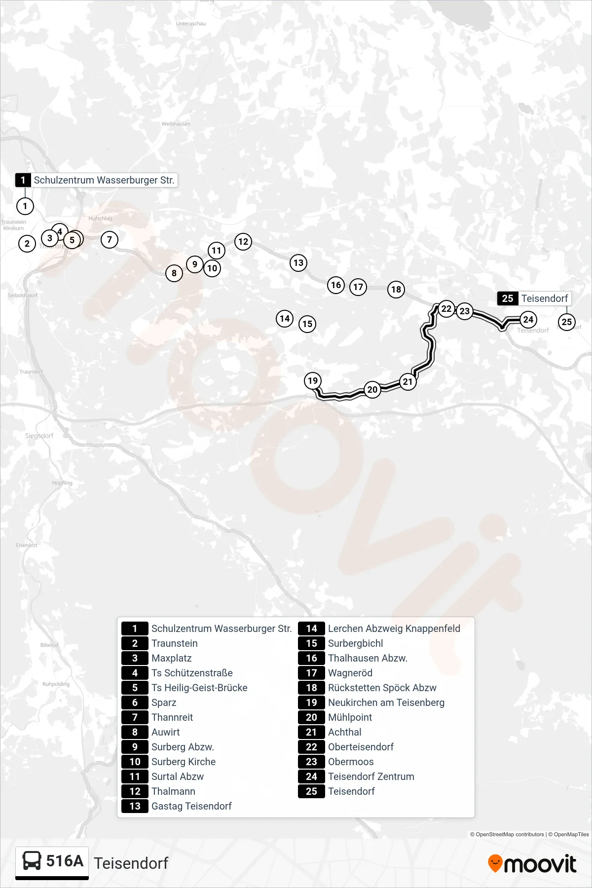 516A bus Line (Teisendorf) route and stops on a map