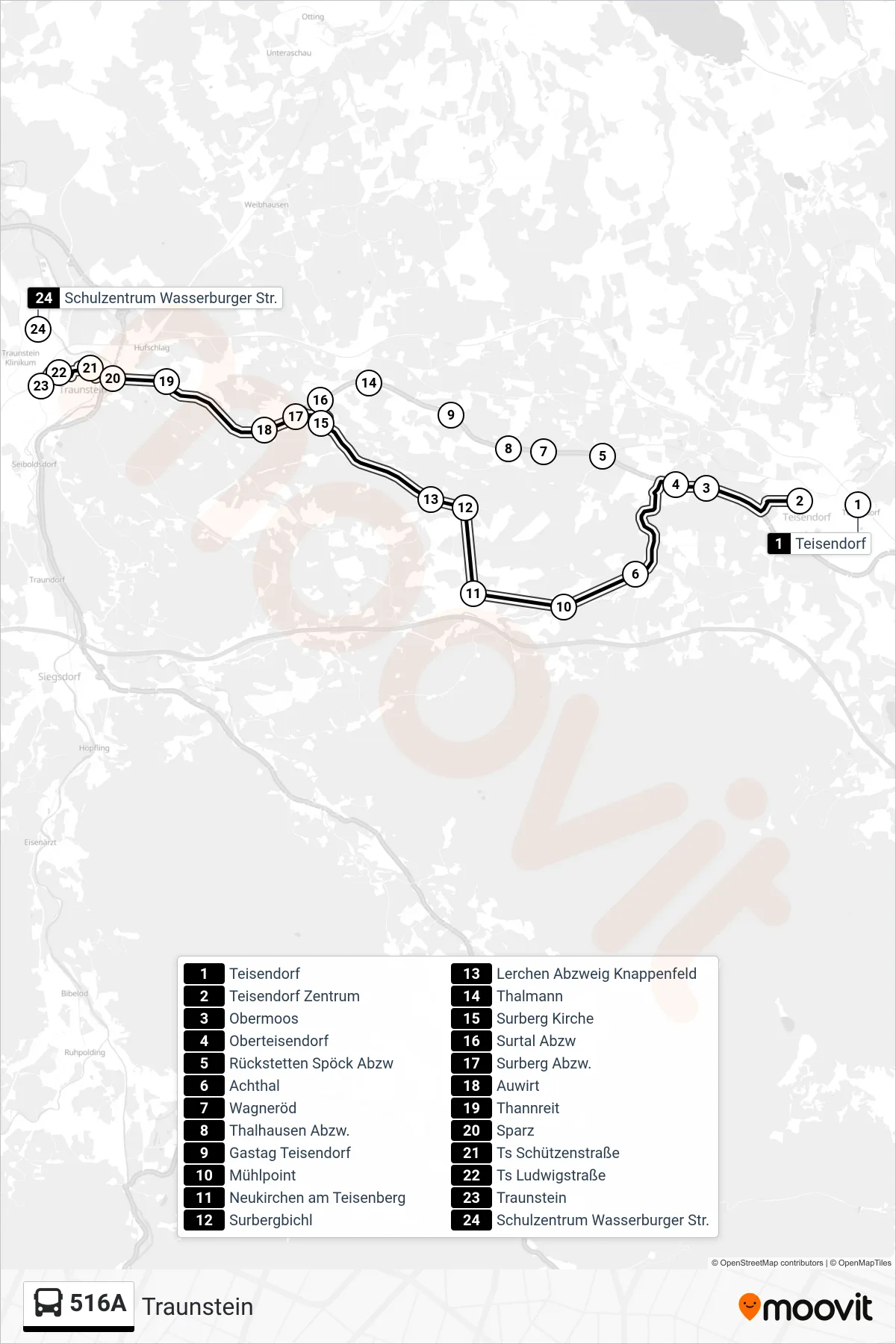 516A bus Line (Traunstein) route and stops on a map