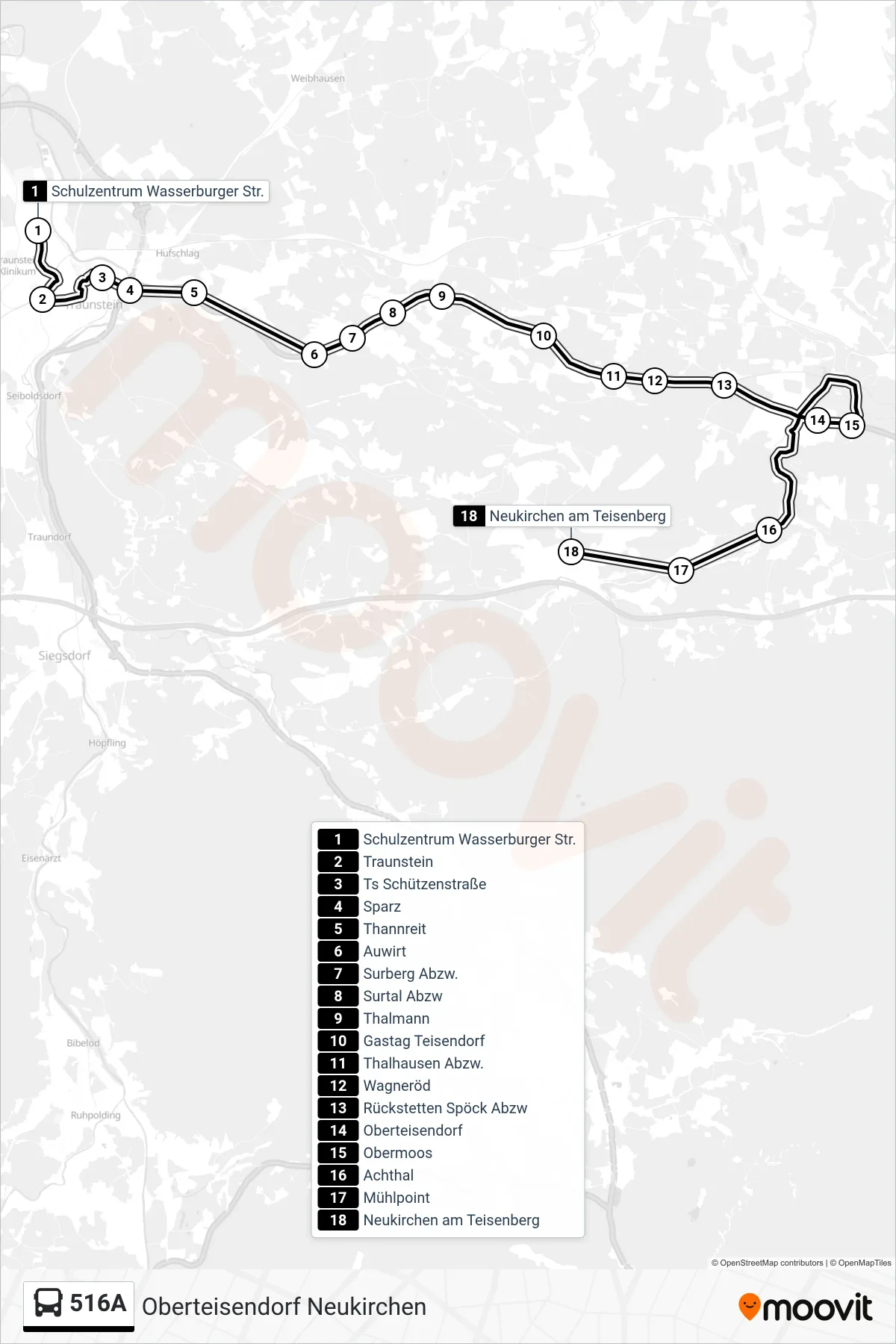 Linie 516A (Bus) Richtung Oberteisendorf Neukirchen: Route und Haltestellen auf der Karte