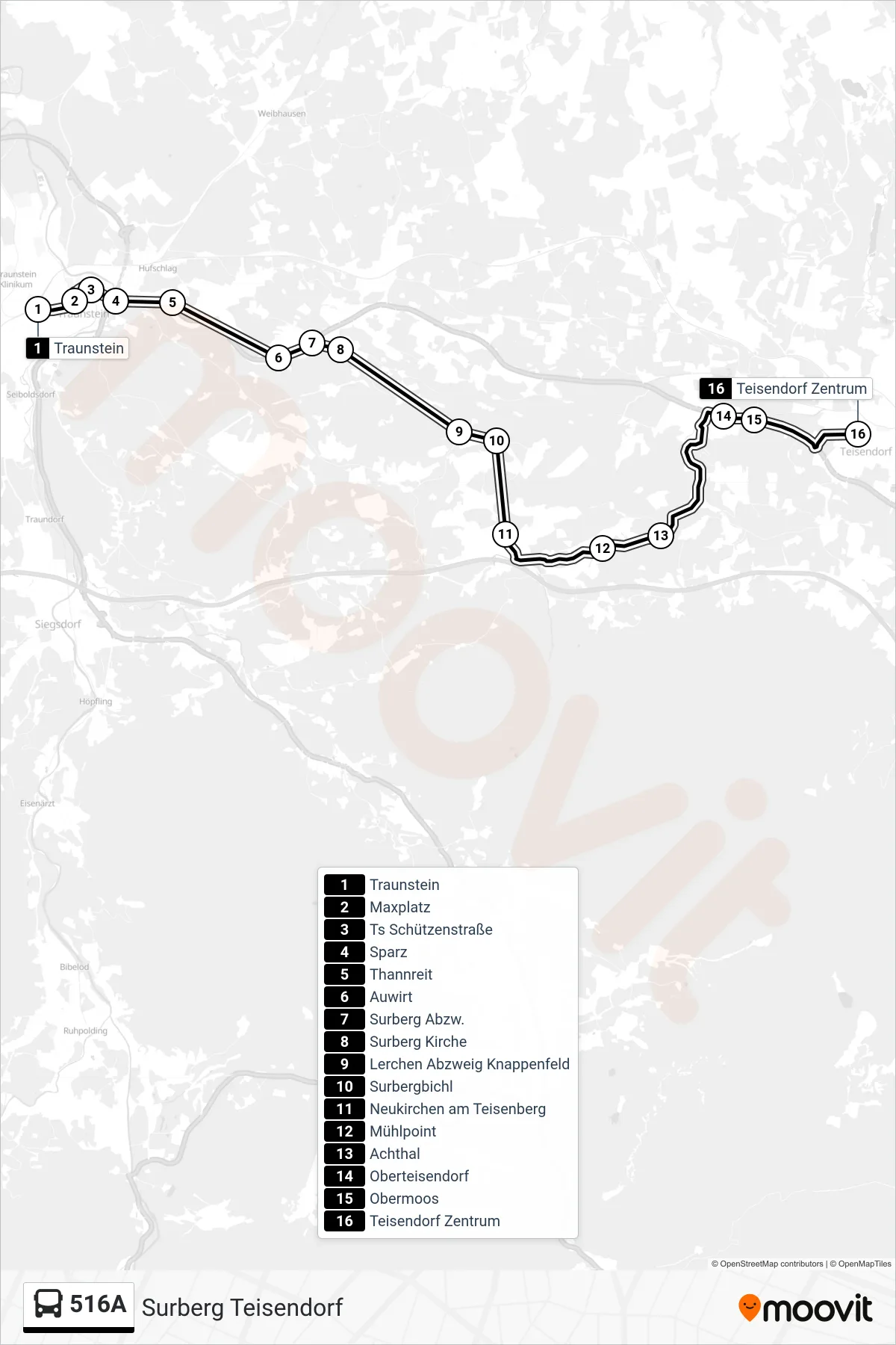 516A bus Line (Surberg Teisendorf) route and stops on a map