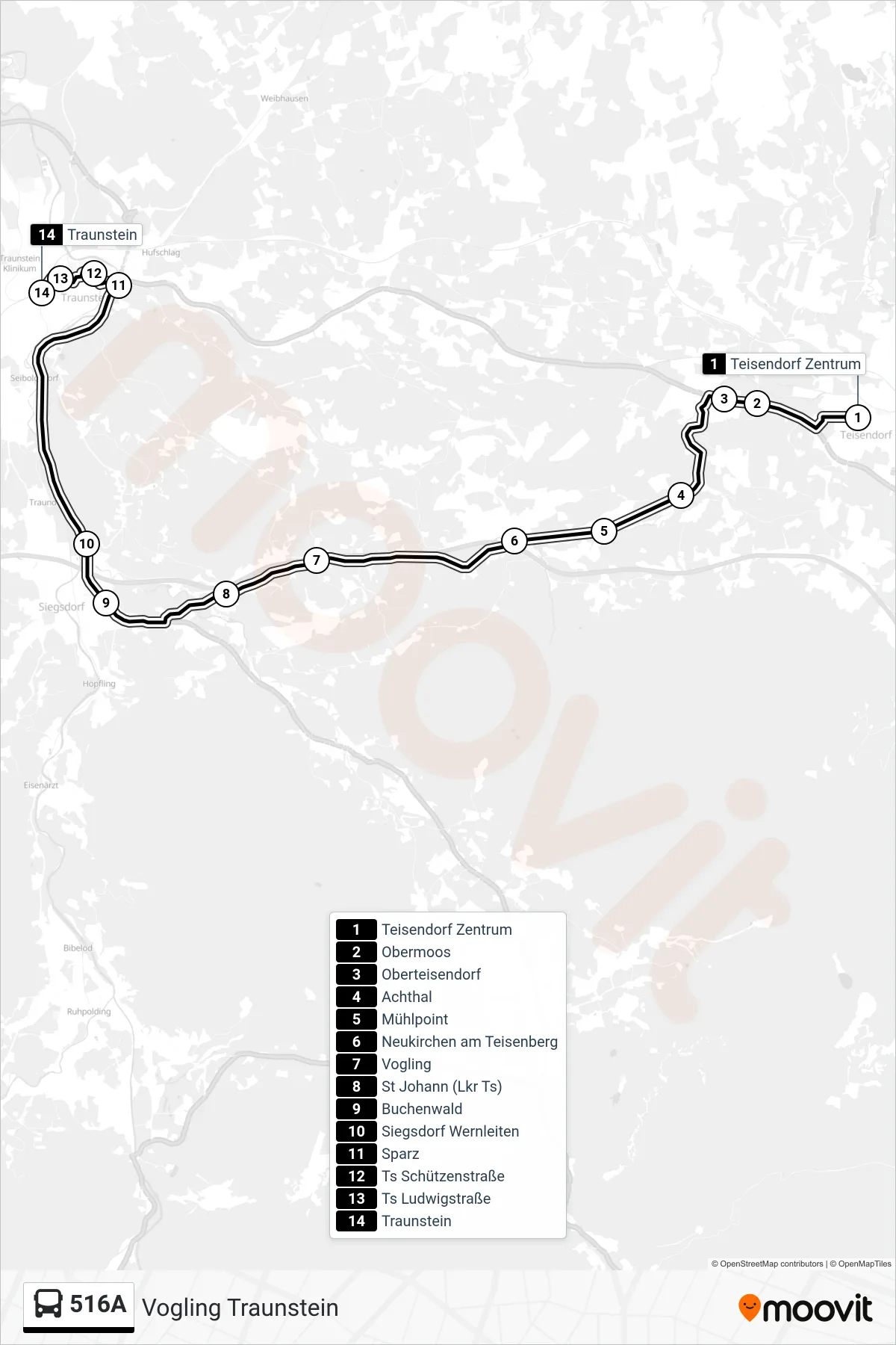 Linie 516A (Bus) Richtung Vogling Traunstein: Route und Haltestellen auf der Karte