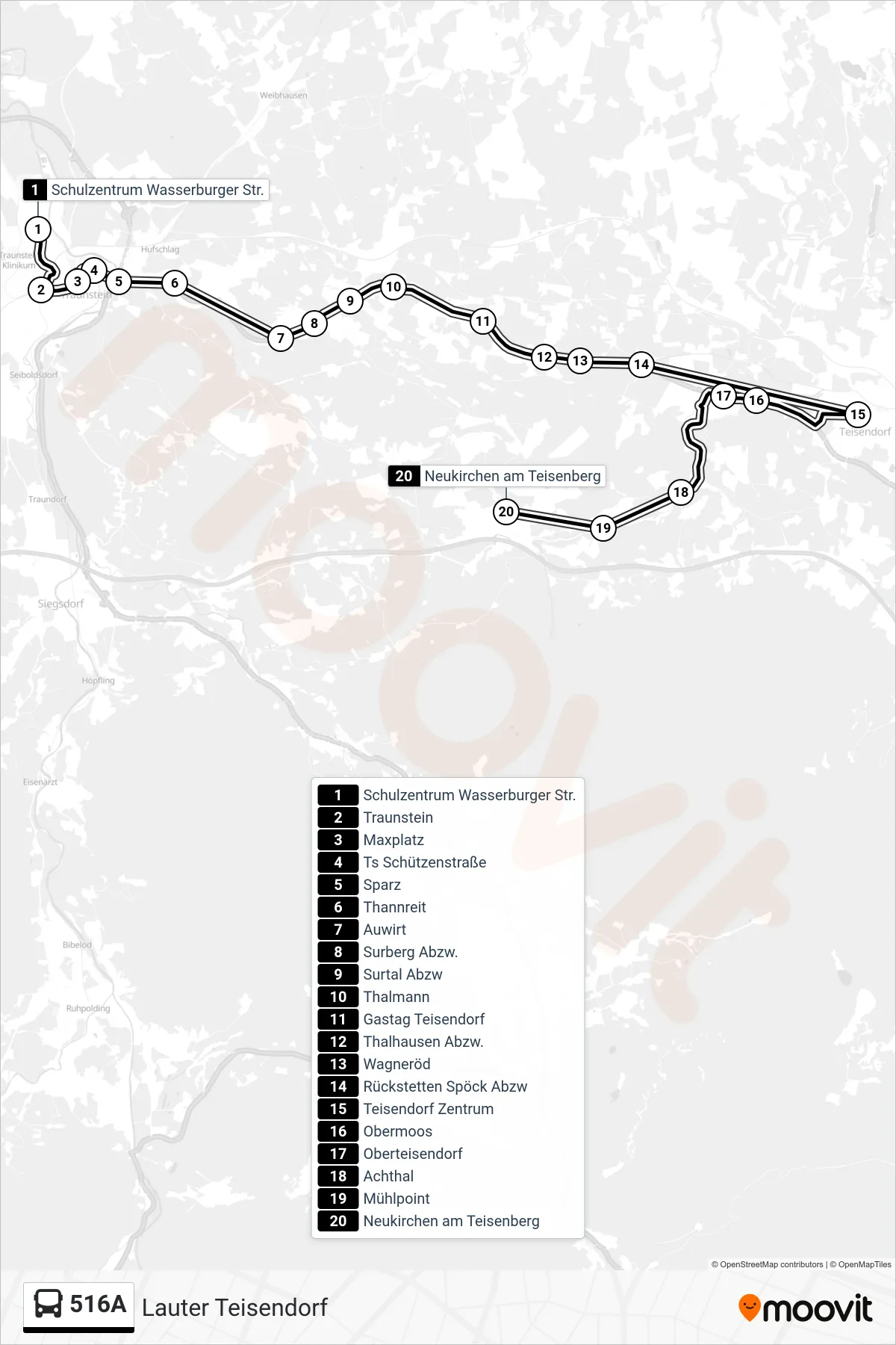 516A bus Line (Lauter Teisendorf) route and stops on a map
