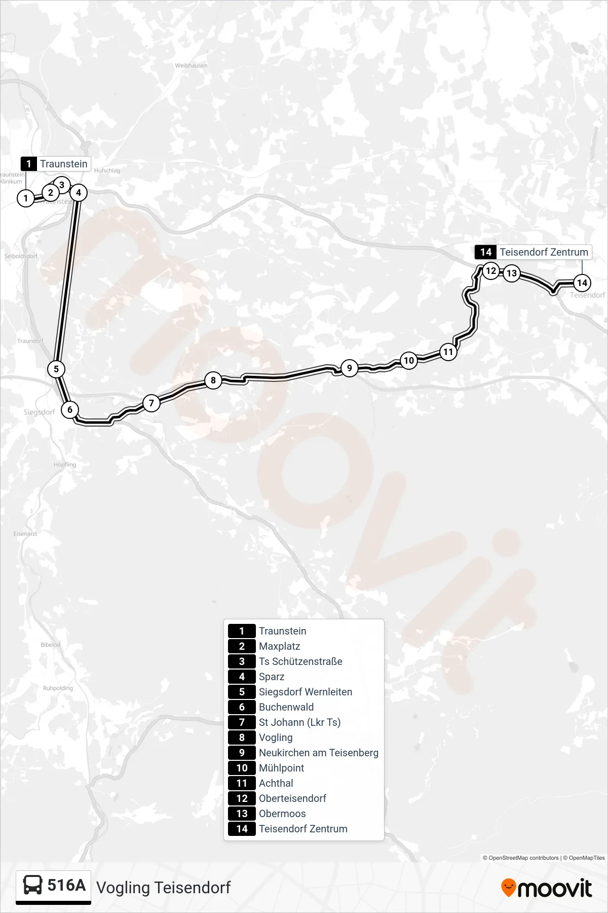 516A bus Line (Vogling Teisendorf) route and stops on a map