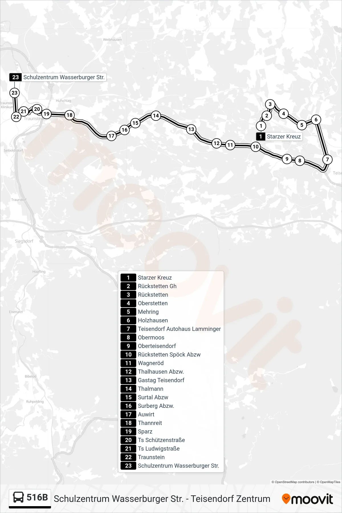 516B bus Line (Traunstein) route and stops on a map