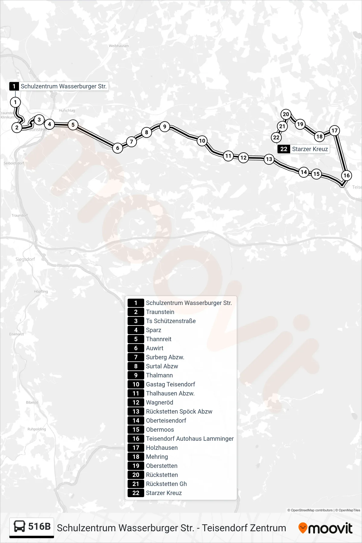 516B bus Line (Teisendorf Rückstetten Mehring) route and stops on a map