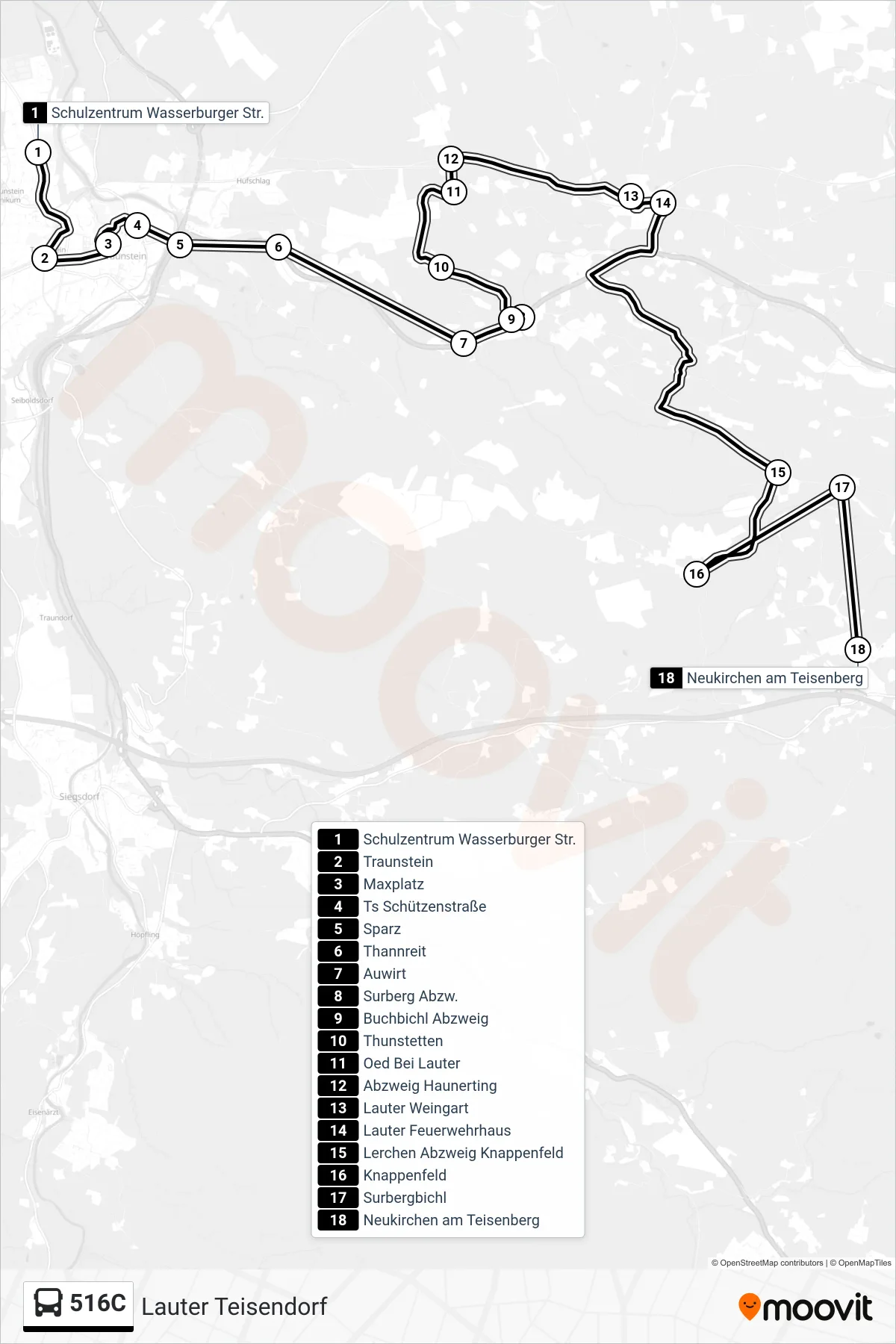 516C bus Line (Lauter Teisendorf) route and stops on a map
