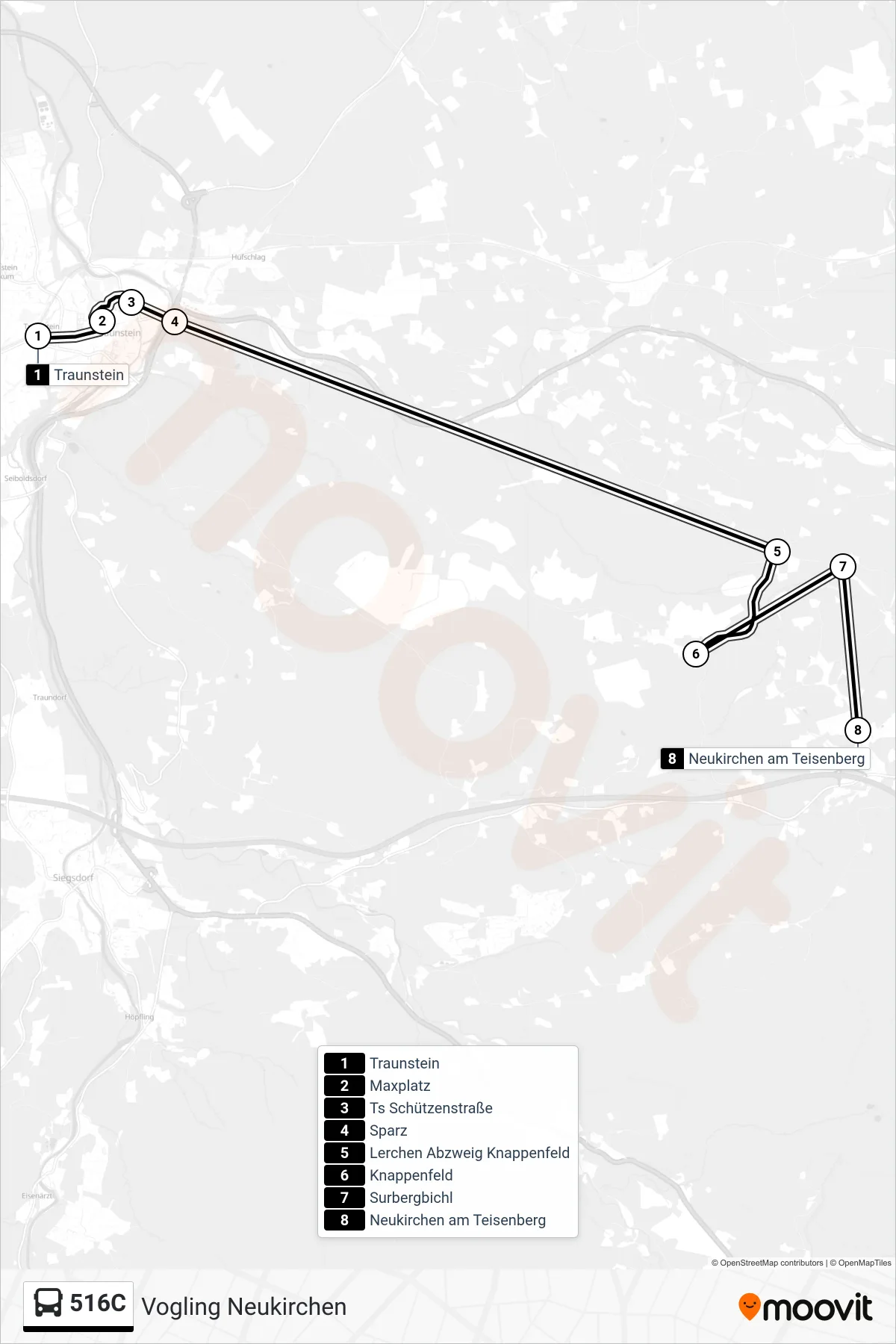 516C bus Line (Vogling Neukirchen) route and stops on a map