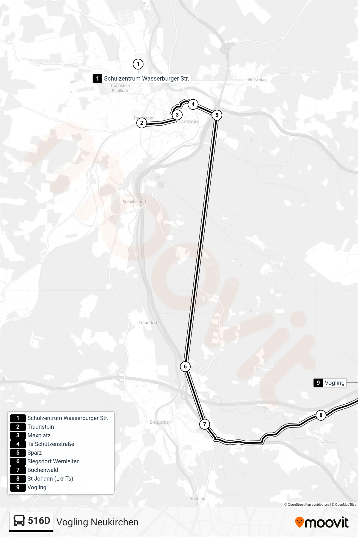 516D bus Line (Vogling Neukirchen) route and stops on a map