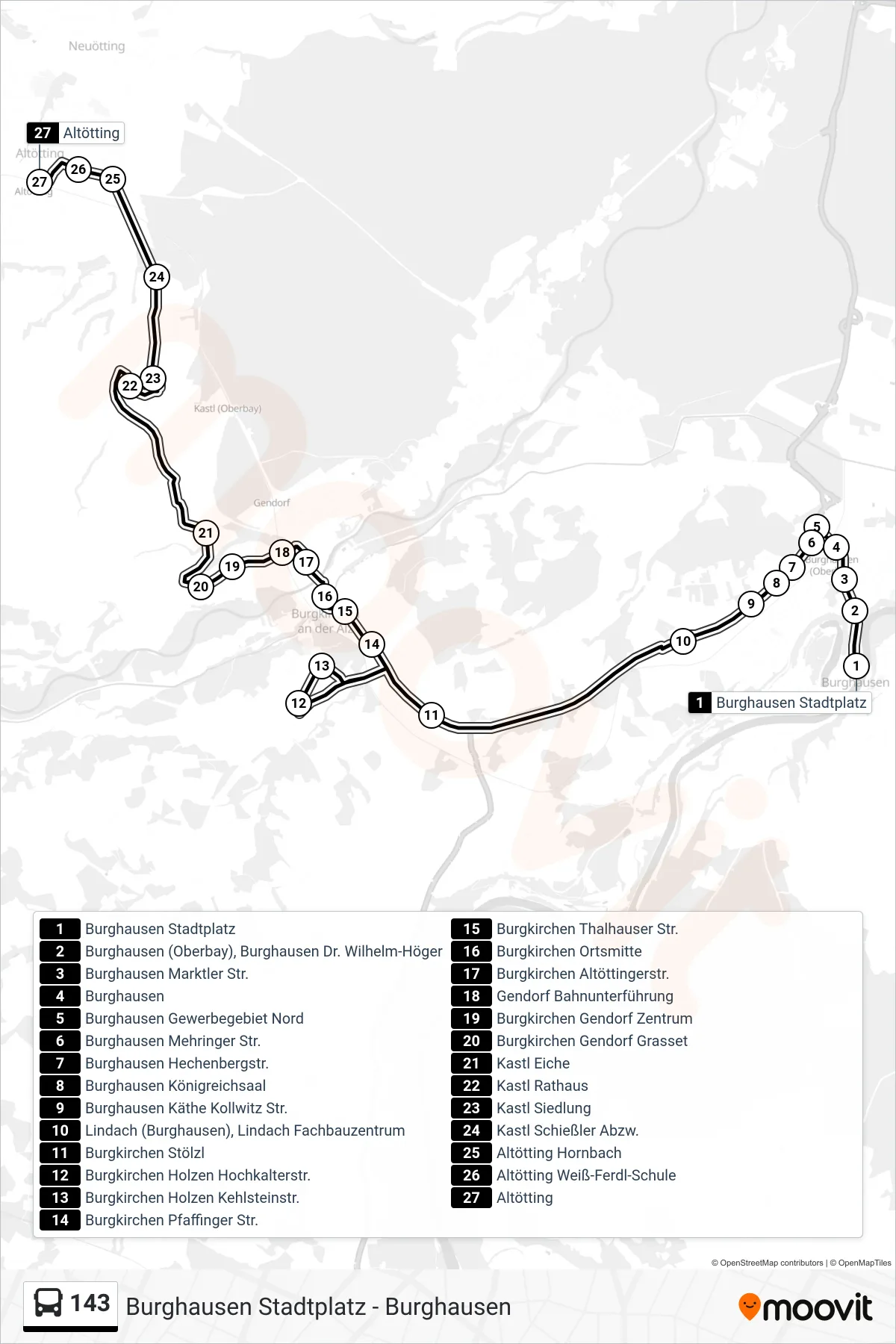 143 bus Line (Altötting) route and stops on a map