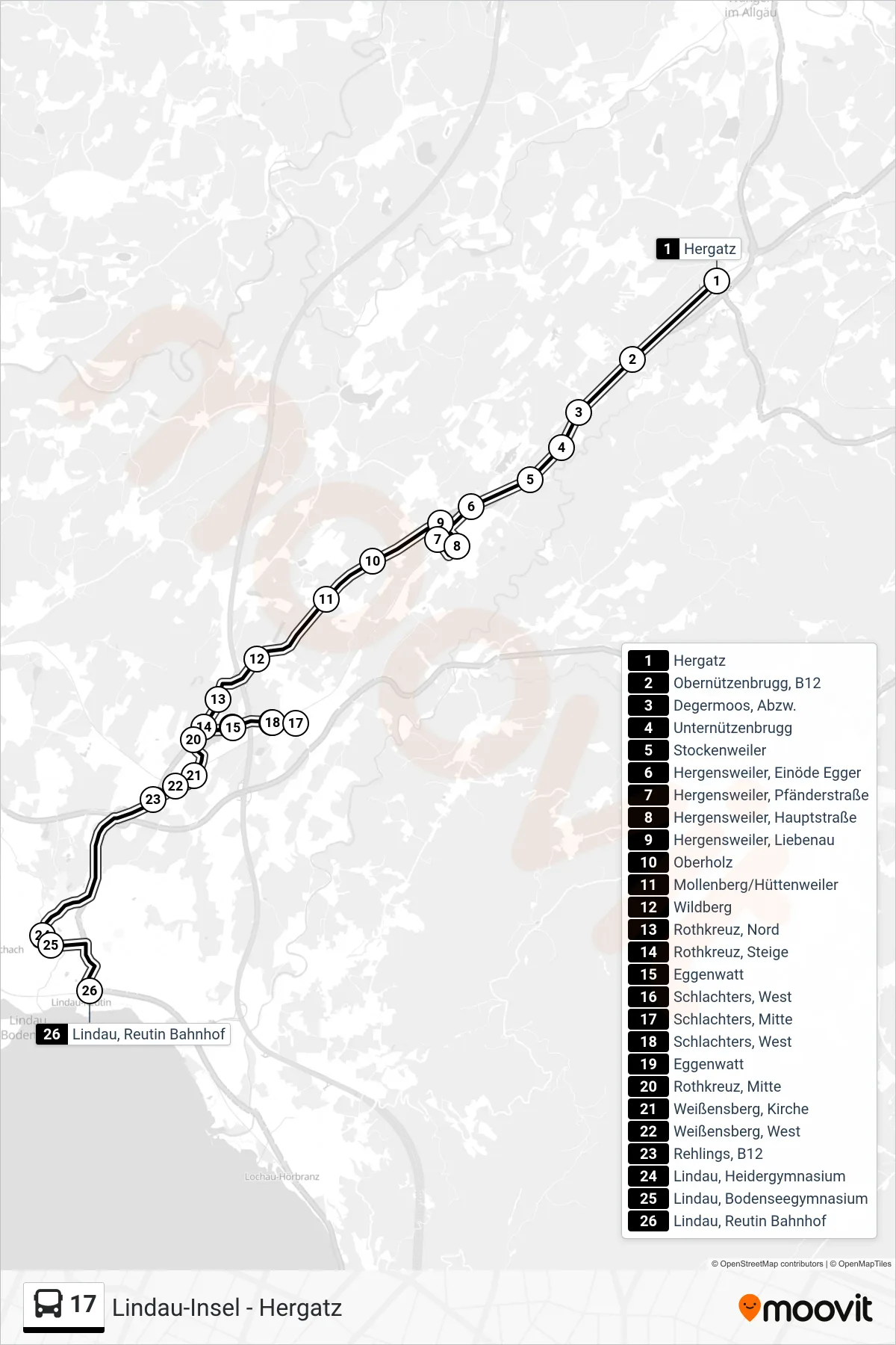 17 bus Line (Lindau, Reutin Bahnhof) route and stops on a map