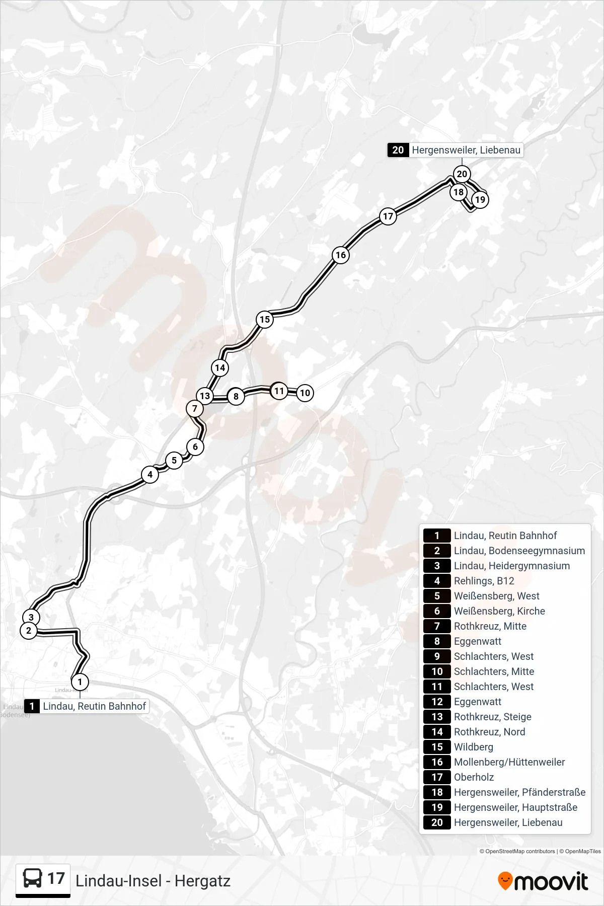 17 bus Line (Hergensweiler, Liebenau) route and stops on a map