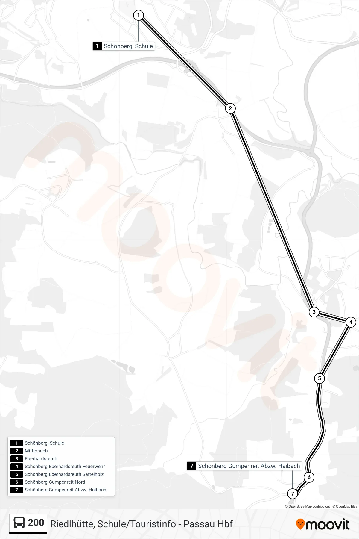 200 bus Line (Schönberg Gumpenreit Abzw. Haibach) route and stops on a map