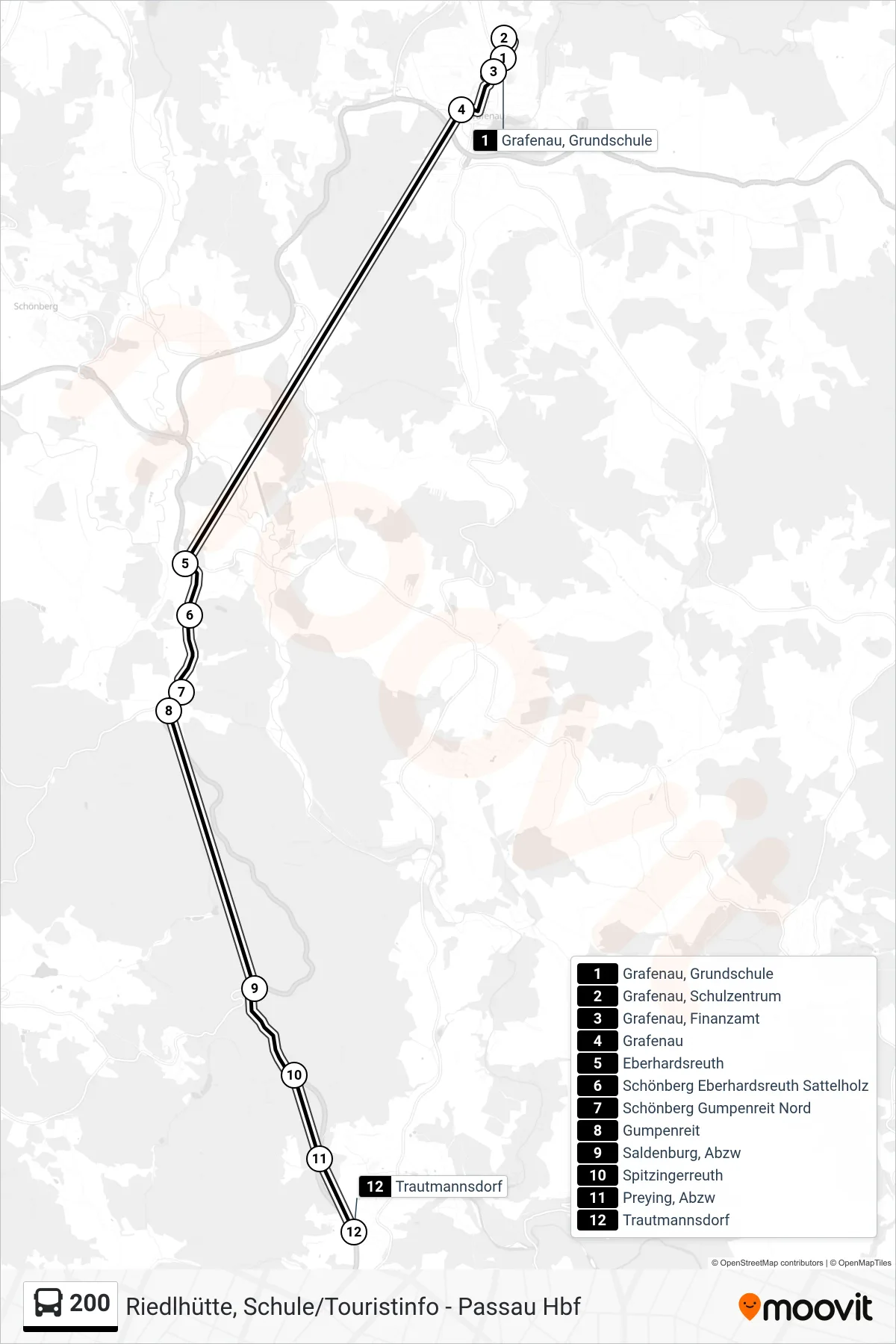 200 bus Line (Saldenburg Trautmannsdorf B 85) route and stops on a map