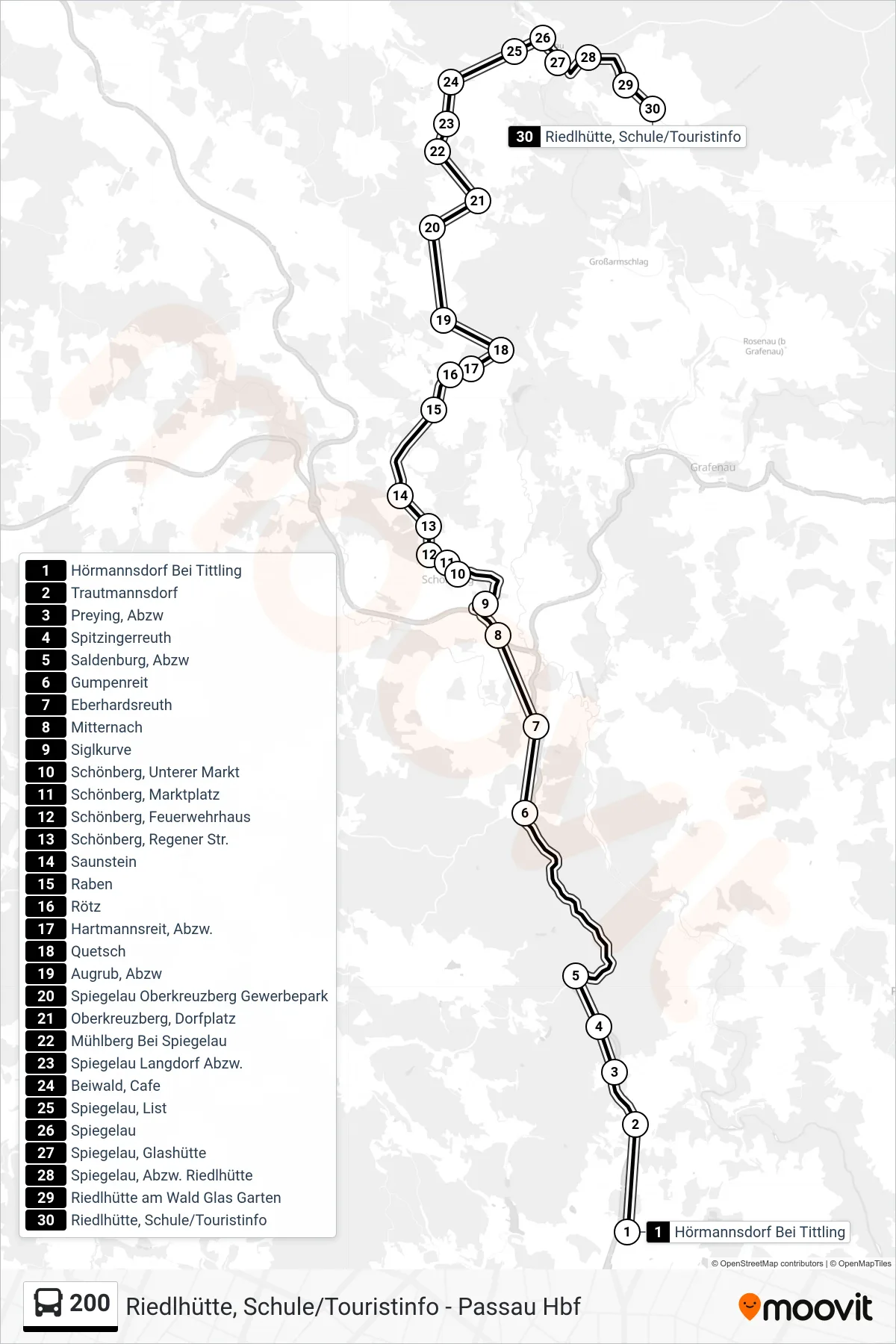 Linie 200 (Bus) Richtung Riedlhütte, Schule/Touristinfo: Route und Haltestellen auf der Karte