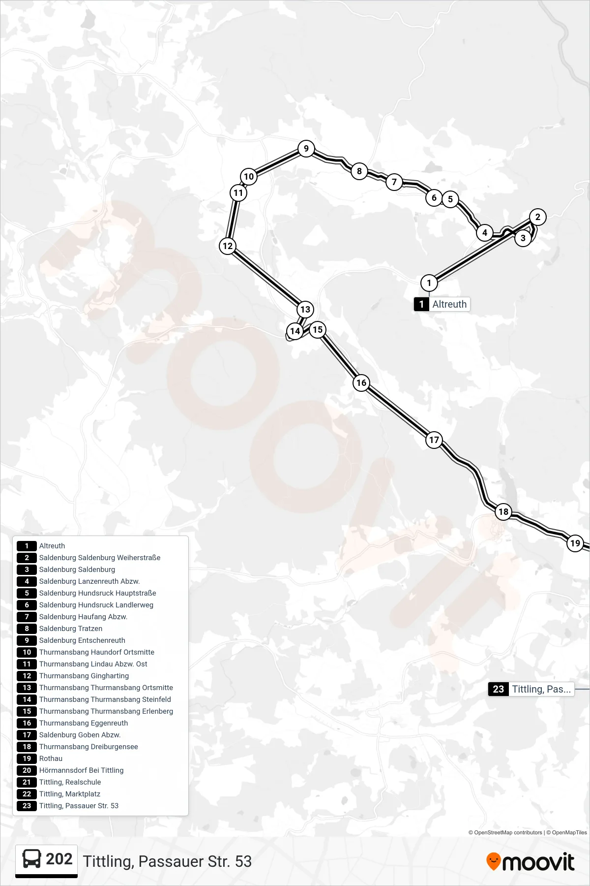 202 bus Line (Tittling, Passauer Str. 53) route and stops on a map
