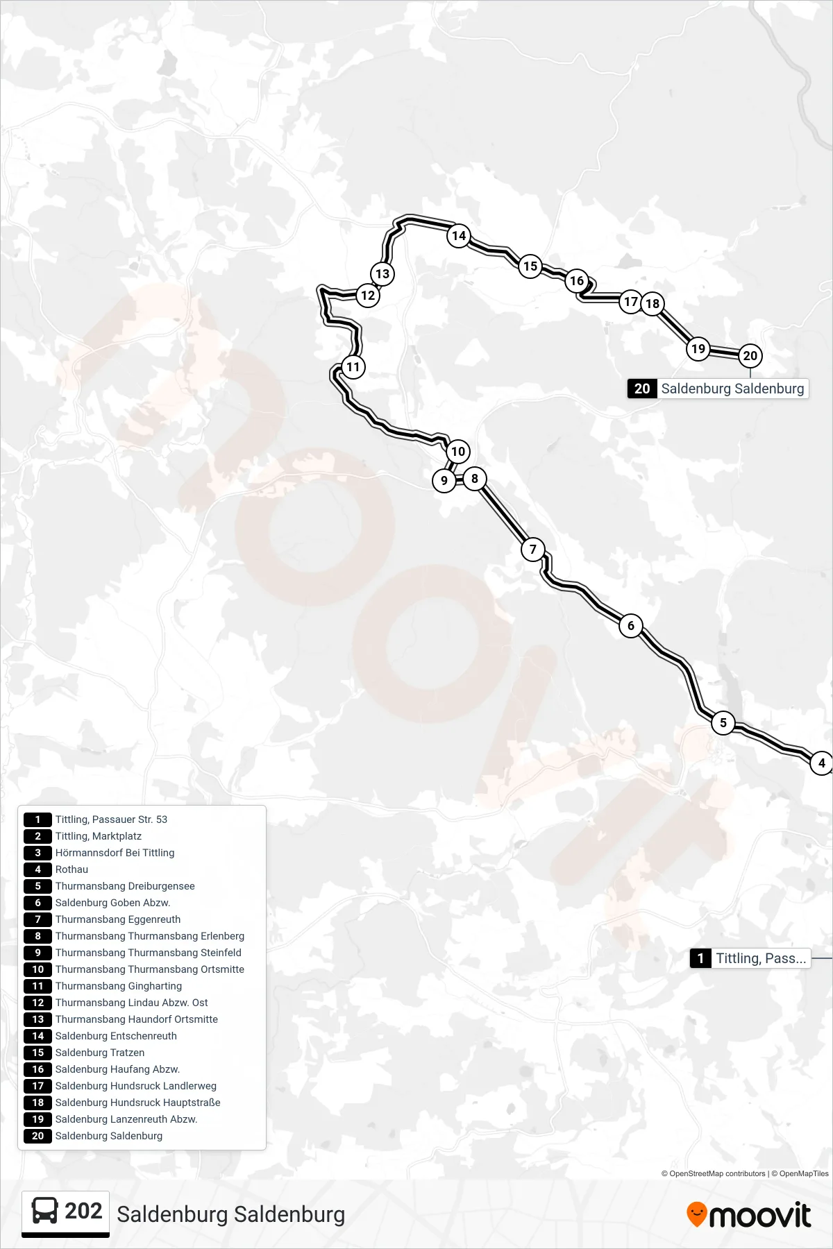 202 bus Line (Saldenburg Saldenburg) route and stops on a map