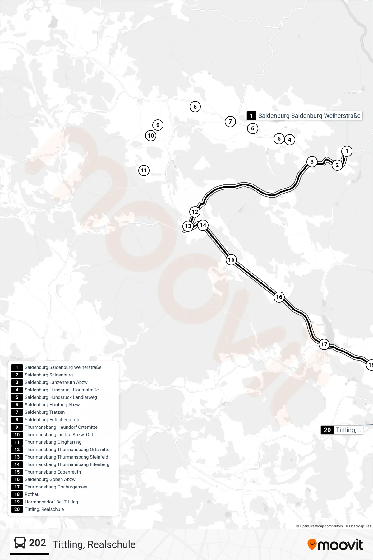 202 bus Line (Tittling, Realschule) route and stops on a map