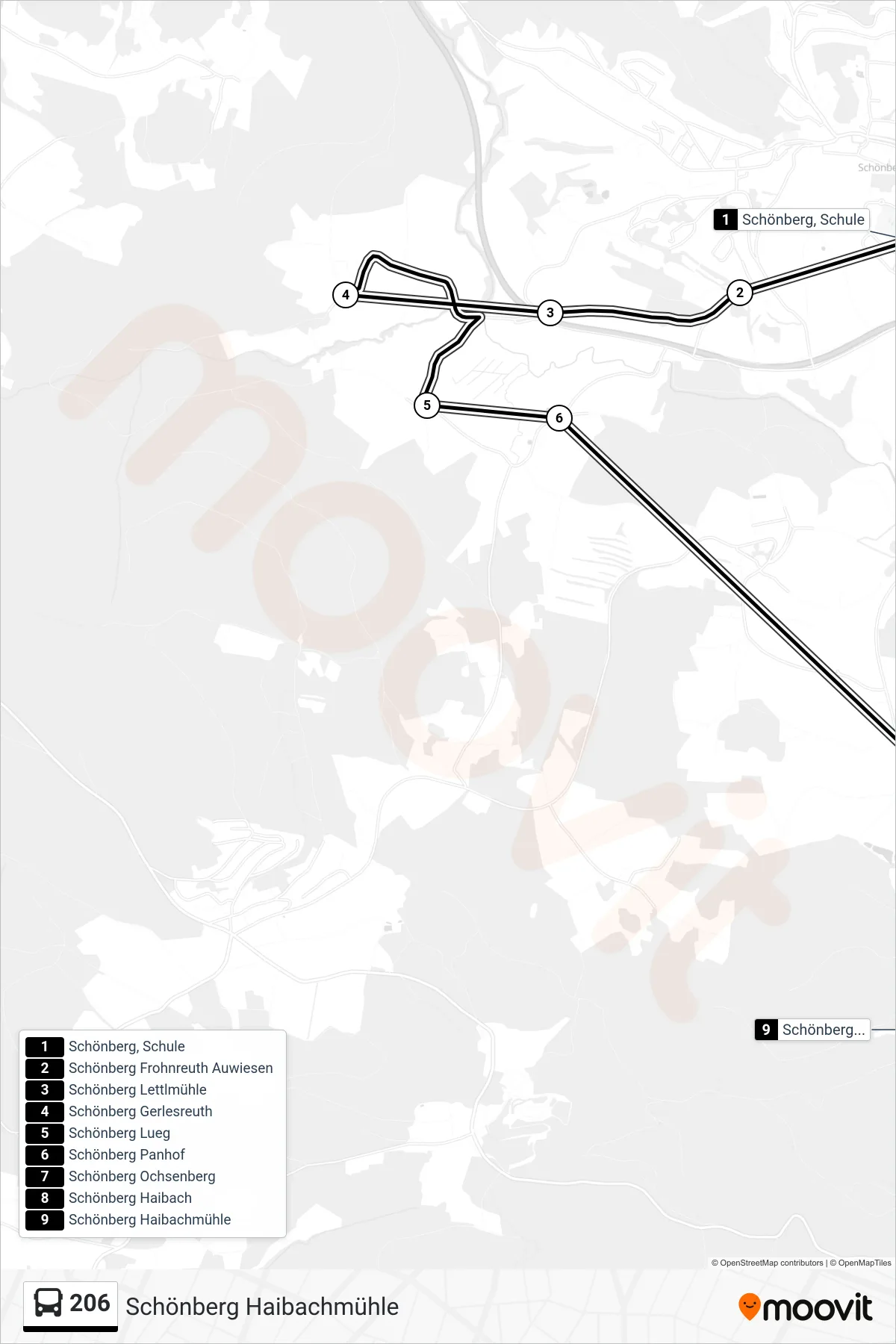 206 bus Line (Schönberg Haibachmühle) route and stops on a map