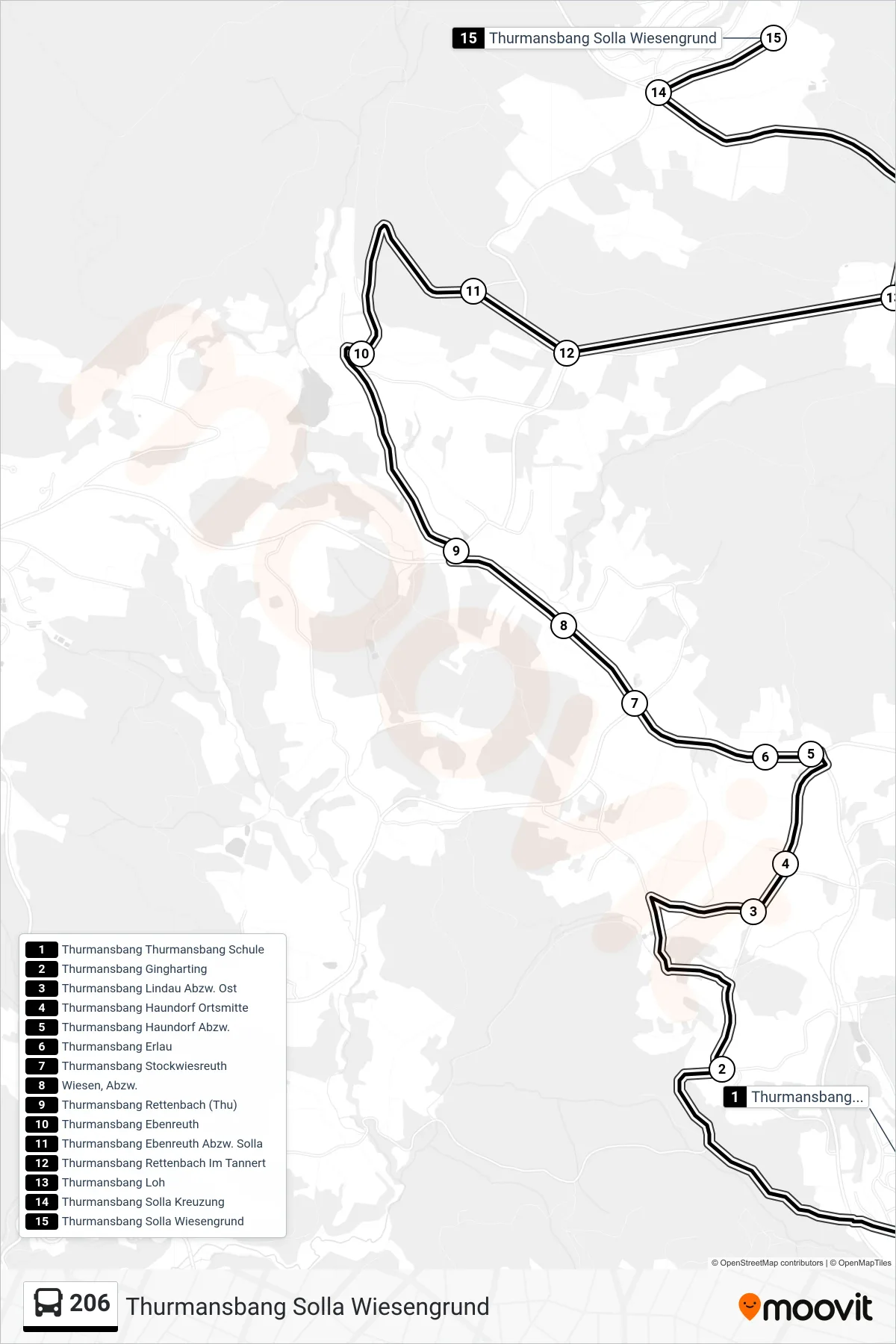 206 bus Line (Thurmansbang Solla Wiesengrund) route and stops on a map