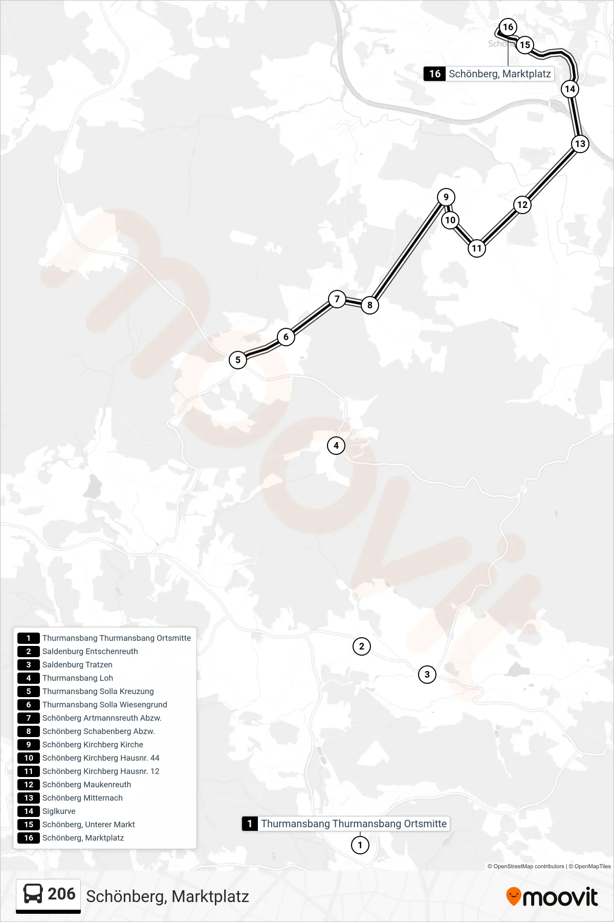 206 bus Line (Schönberg, Marktplatz) route and stops on a map