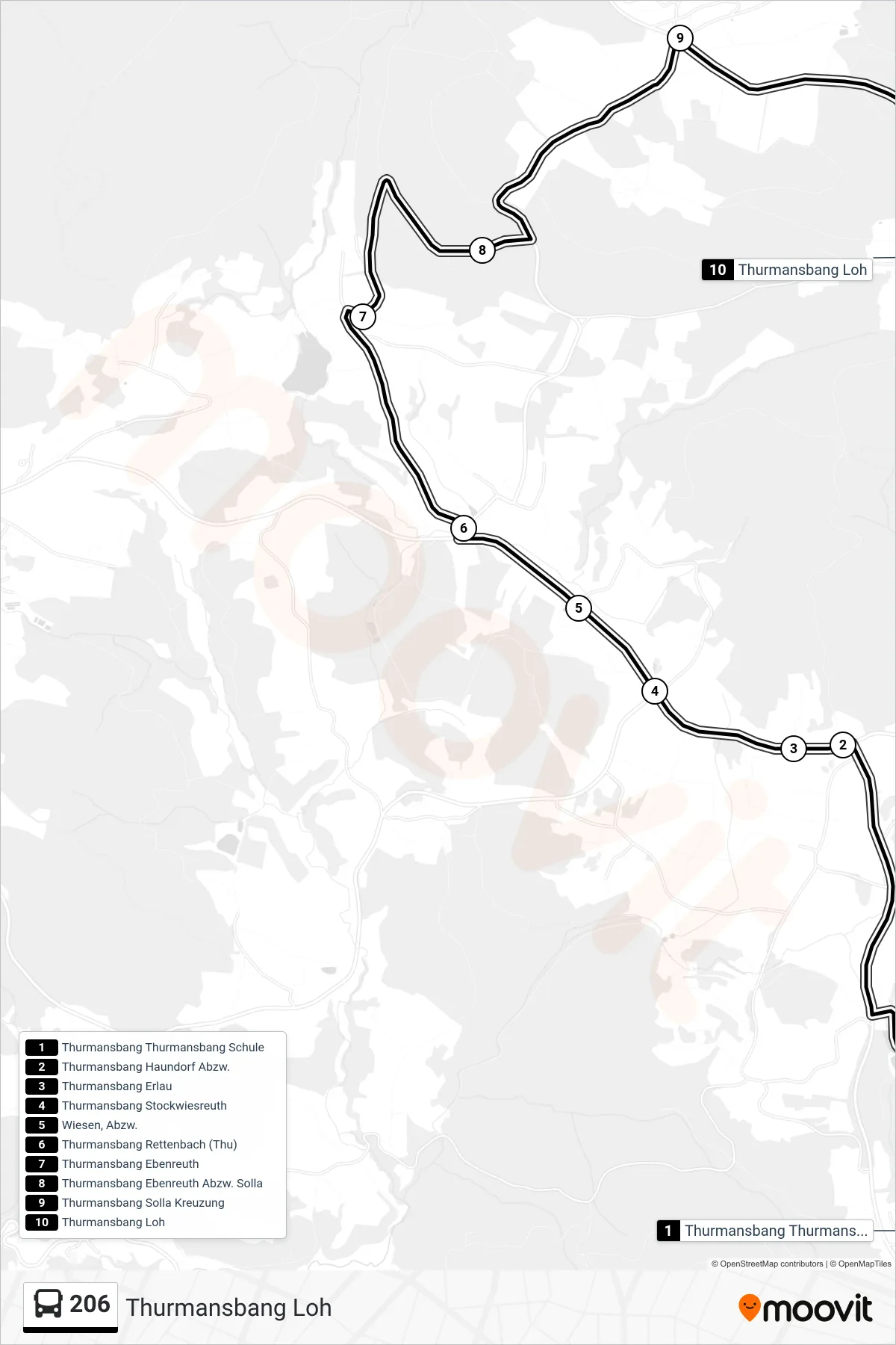 206 bus Line (Thurmansbang Loh) route and stops on a map