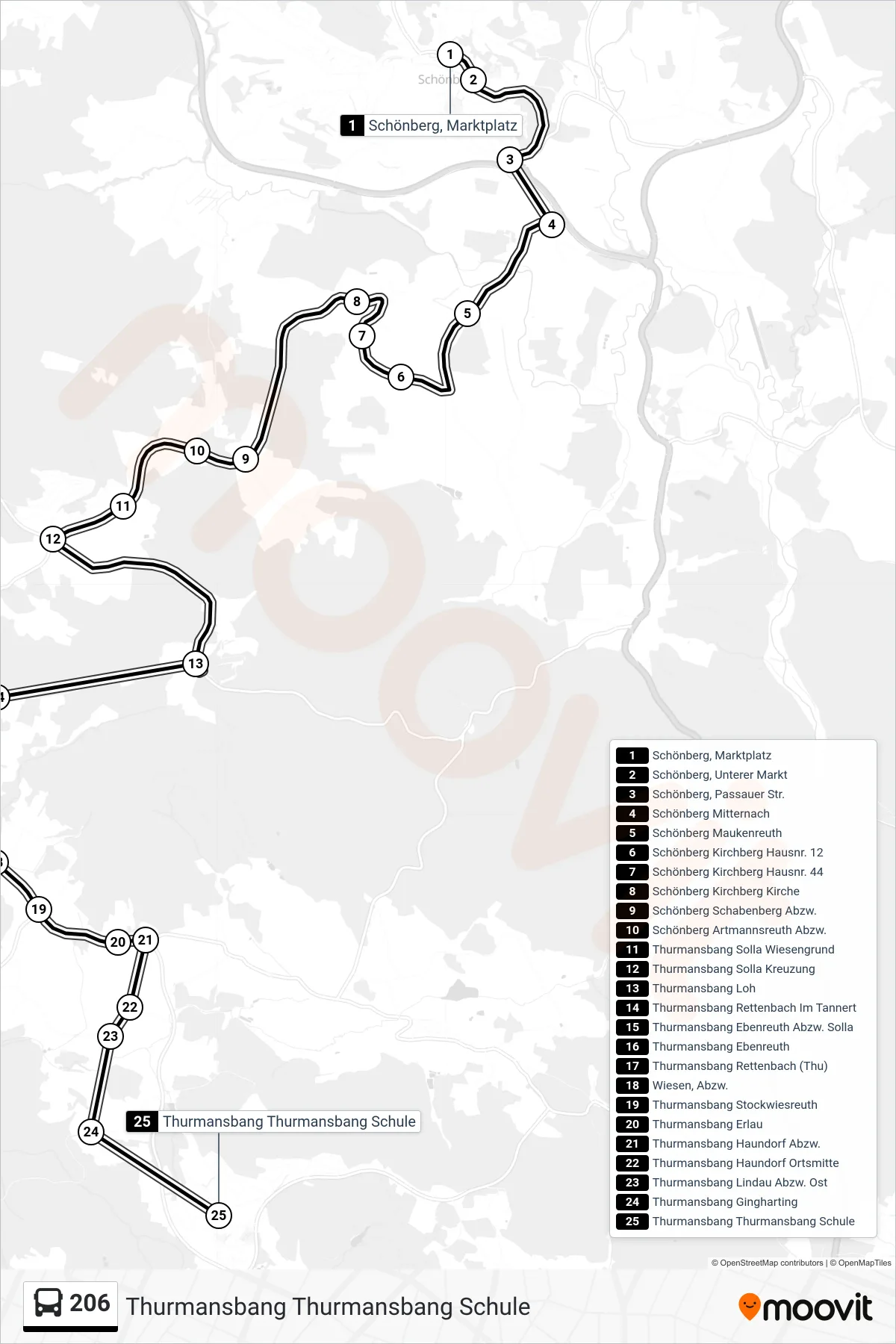 206 bus Line (Thurmansbang Thurmansbang Schule) route and stops on a map