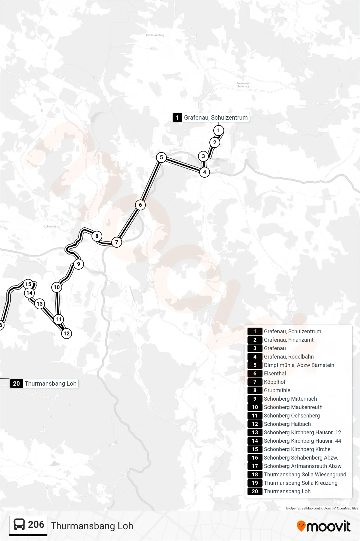 206 bus Line (Thurmansbang Loh) route and stops on a map