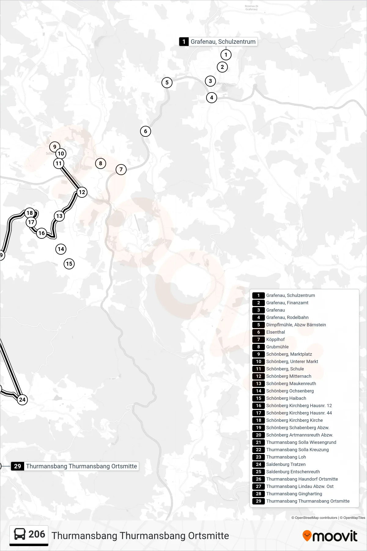 206 bus Line (Thurmansbang Thurmansbang Ortsmitte) route and stops on a map
