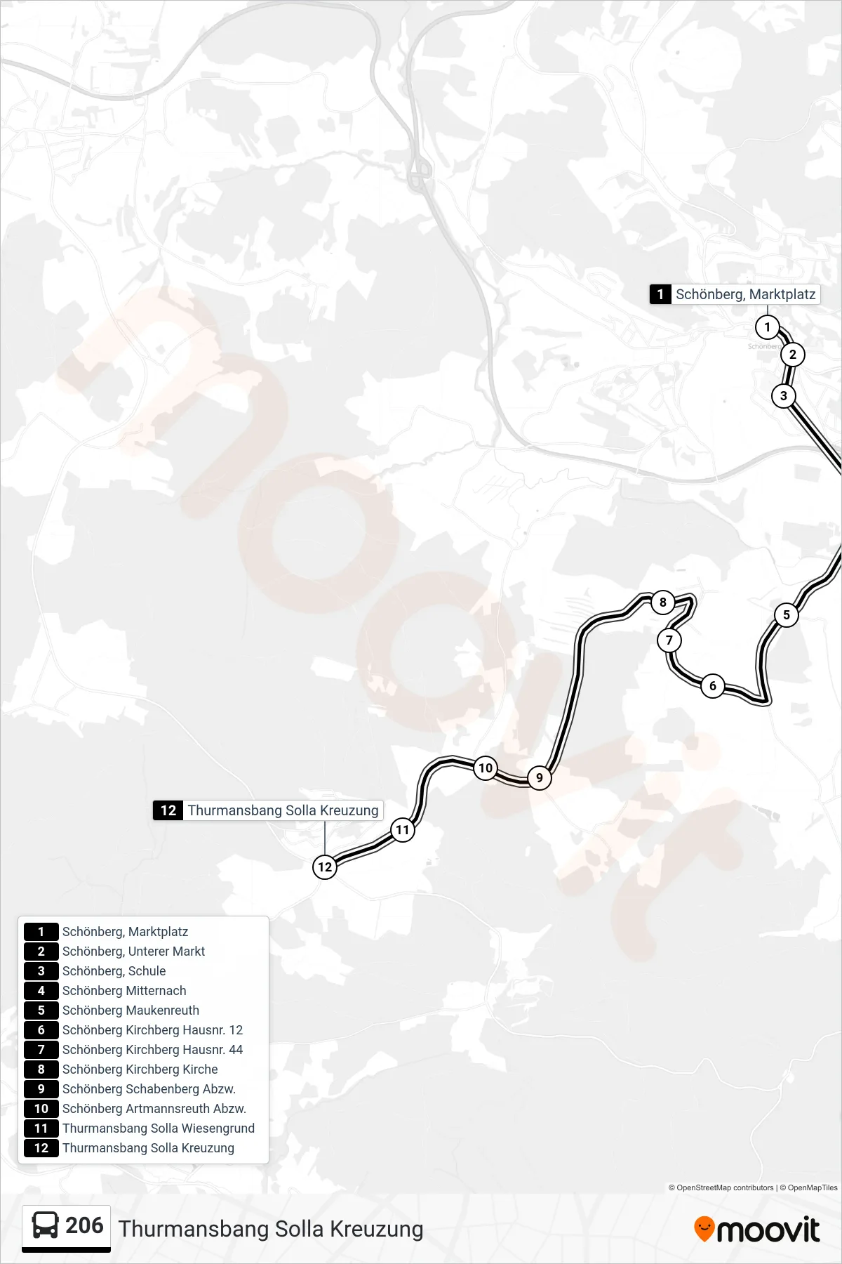 Linie 206 (Bus) Richtung Thurmansbang Solla Kreuzung: Route und Haltestellen auf der Karte