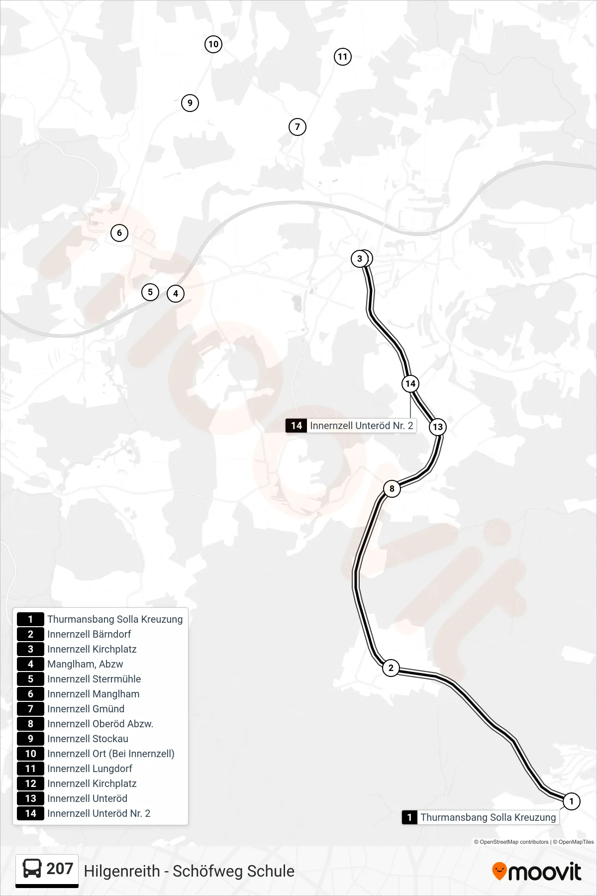 Linie 207 (Bus) Richtung Innernzell Kirchplatz: Route und Haltestellen auf der Karte