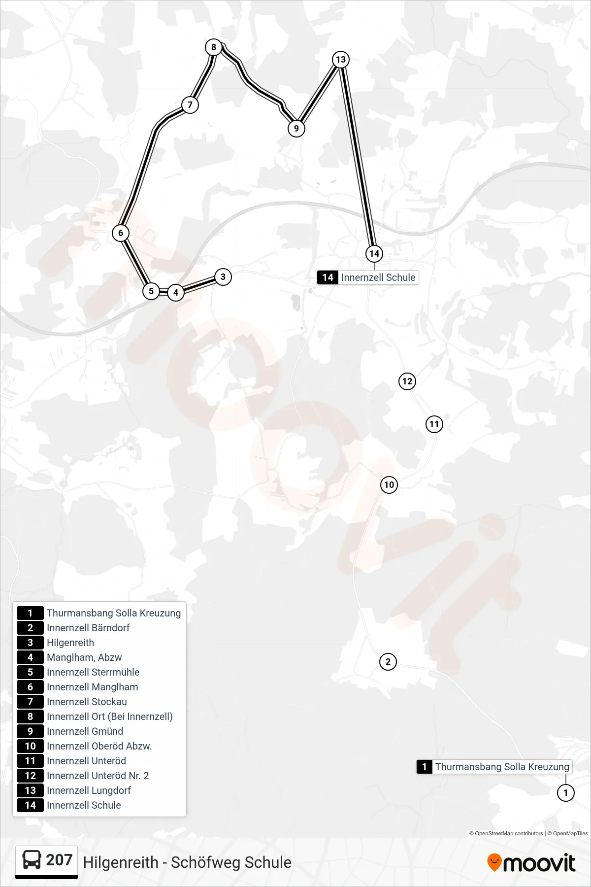 207 bus Line (Innernzell Schule) route and stops on a map