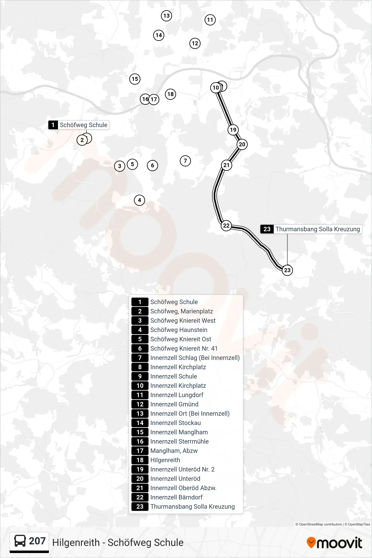 Linie 207 (Bus) Richtung Thurmansbang Solla Kreuzung: Route und Haltestellen auf der Karte